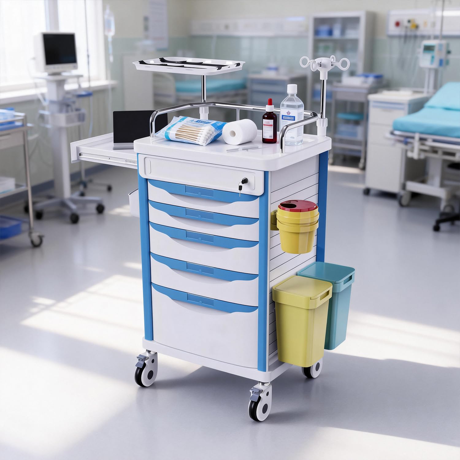 Medizinischer Rollwagen mit Rädern – verstellbare IV-Stange, leise Rollen, Nadelentsorgungshalter, Mülleimer, O2-Halter, Notfallwagen für Klinik, Krankenhaus, Salon, Labor