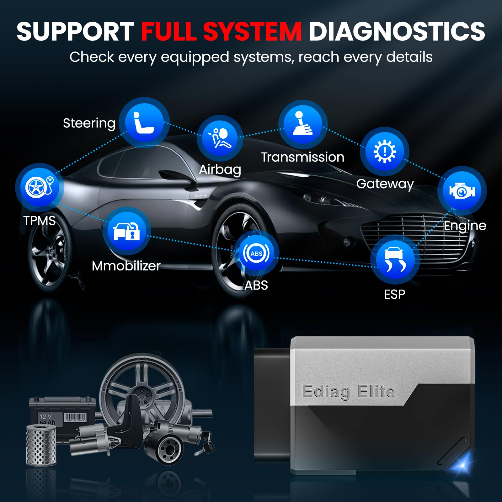 KINGBOLEN EDIAG ELITE OBD2 Urządzenie diagnostyczne Bluetooth, adapter Bluetooth, pełne systemy, czytnik kodów OBD2, do kodowania dwukierunkowego, 15 funkcji resetowania. Dla urządzeń iOS i Android