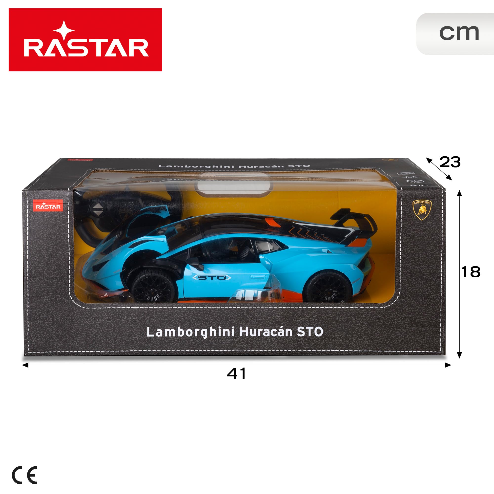 ColorBaby Rastar, Lamborghini Hurricane STO Niebieski samochód zdalnie sterowany ze światłami LED i otwieranymi drzwiami, samochody dla dzieci i dorosłych, zabawka dla dzieci, samochód zdalnie