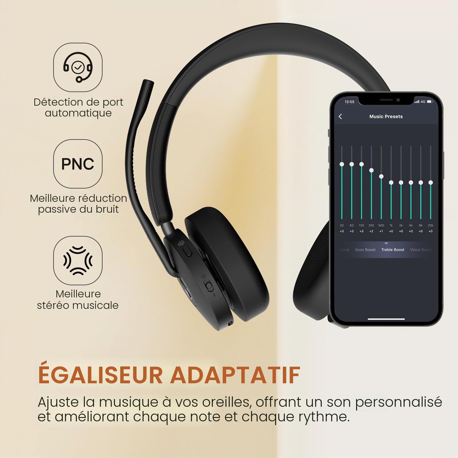 Yealink BH74 ANC Casque Bluetooth sans Fil, 6 Microphones avec Réduction, Casque PC sans Fil, autonomie de 32 h en Conversation, certifié Microsoft Teams et Zoom pour Les espaces de Travail Ouverts