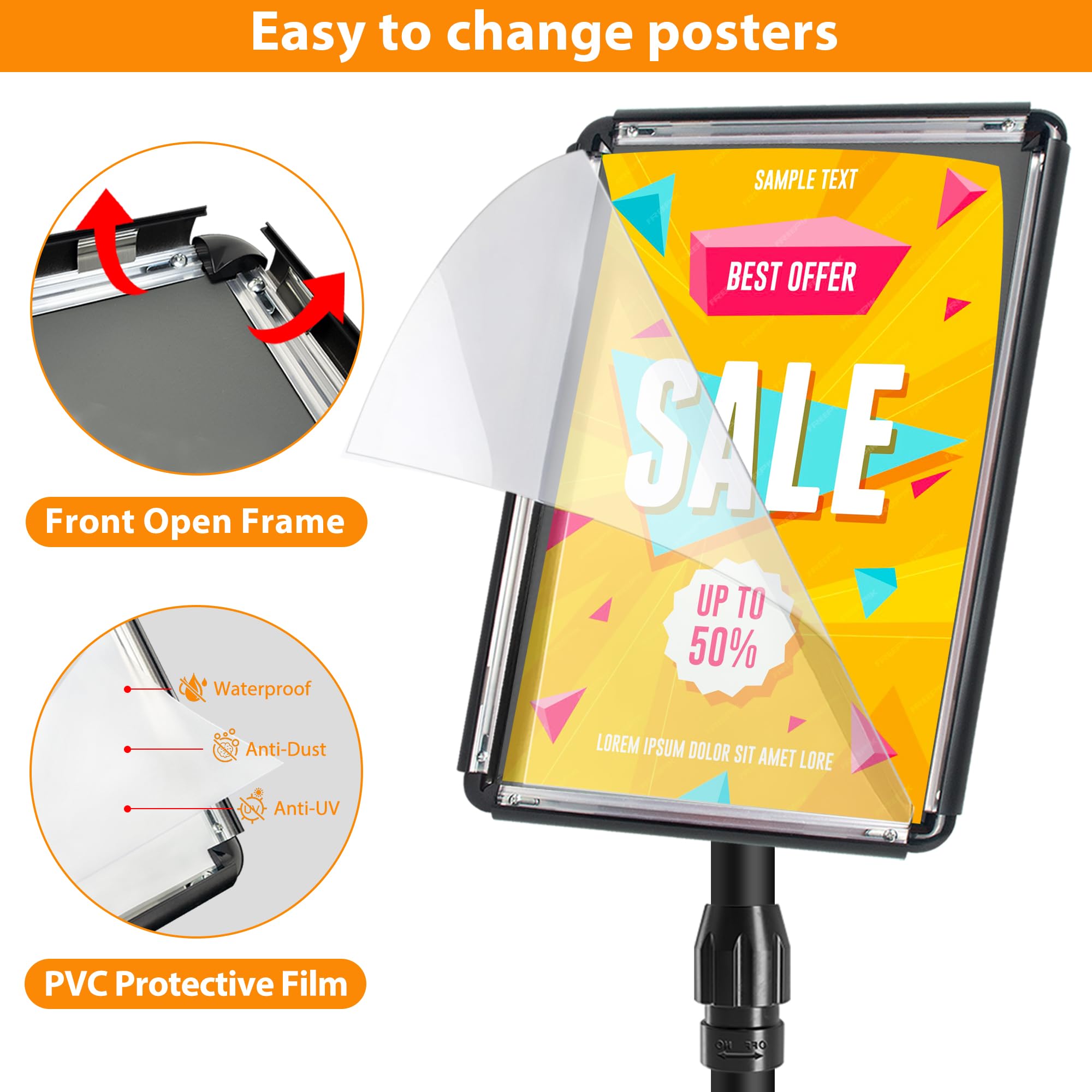 6 Supports Affiche A4 Réglables 60-100cm – Pied Métal Avec Base Lestée, Pour Menu Restaurant, Bureau, Salon Pro - 7