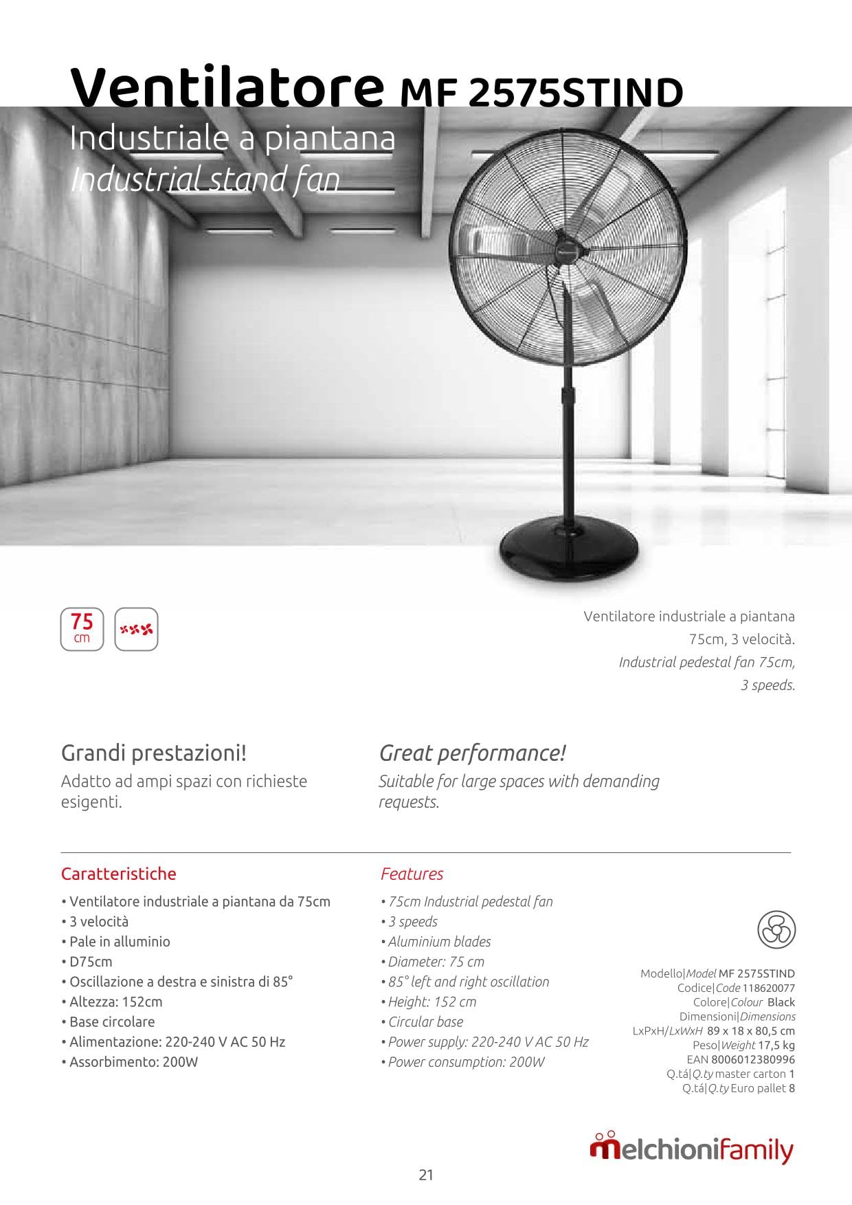 Generico Ventilatore MelchioniMF2575STIND a Piantana Industriale 75 cm 200W Oscillante 85° 3 Velocità Pale in Alluminio Altezza 152 cm Alta Potenza per Ambienti Ampi