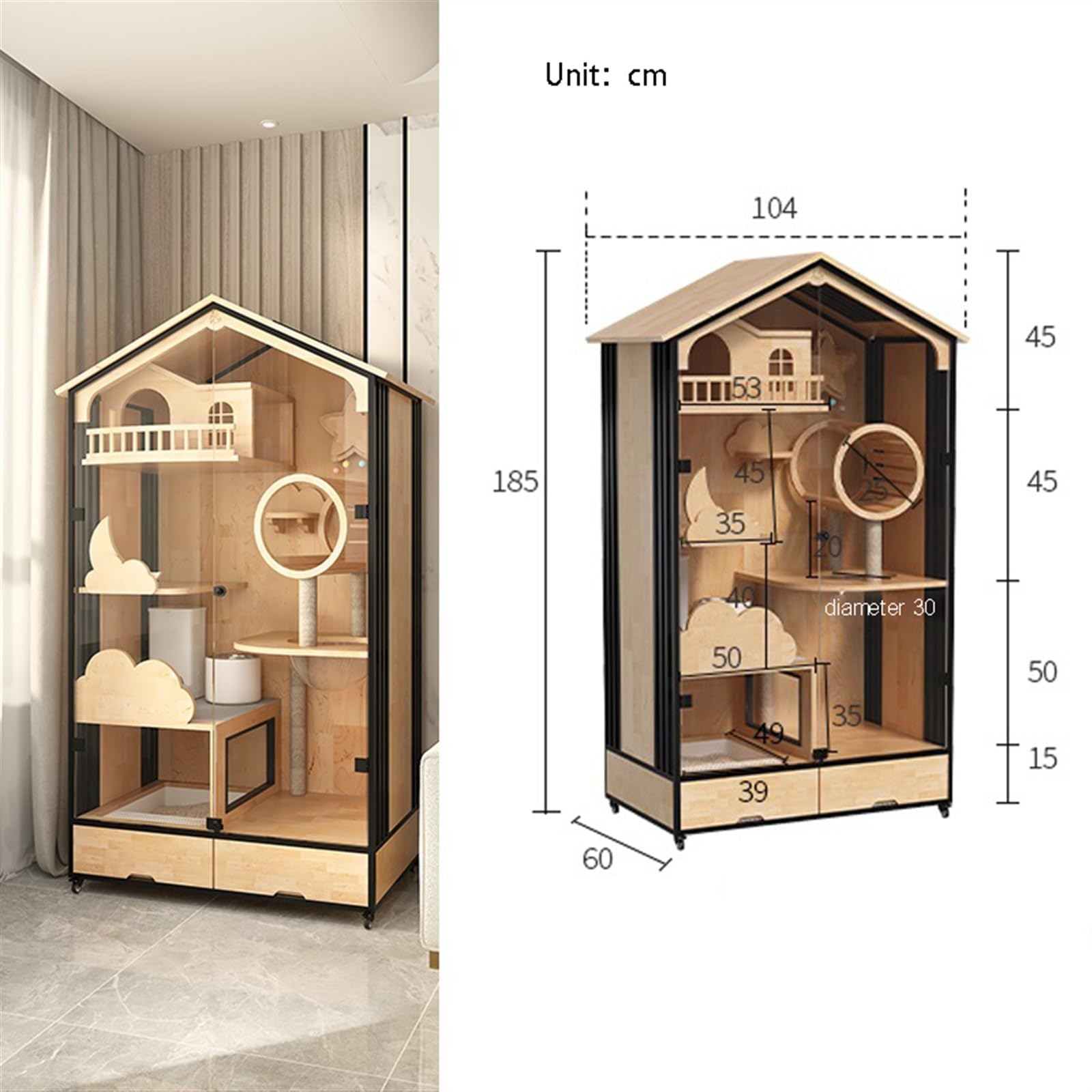 Casa del Gatto Villa for Gatti in Legno di Gomma Vetro panoramico Spazio Extra Large Gabbia for Gatti casa di Lusso a Tre Piani casa for Gatti casa for Gatti Gabbia per Gatti