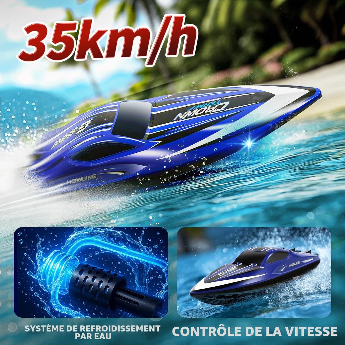 Bateau télécommandé RC 35 km/h étanche 2,4 GHz avec LED et fonction retournement,refroidissement par eau, double batterie, alarme de portée et de batterie, idéal pour enfants et adultes,piscine et lac