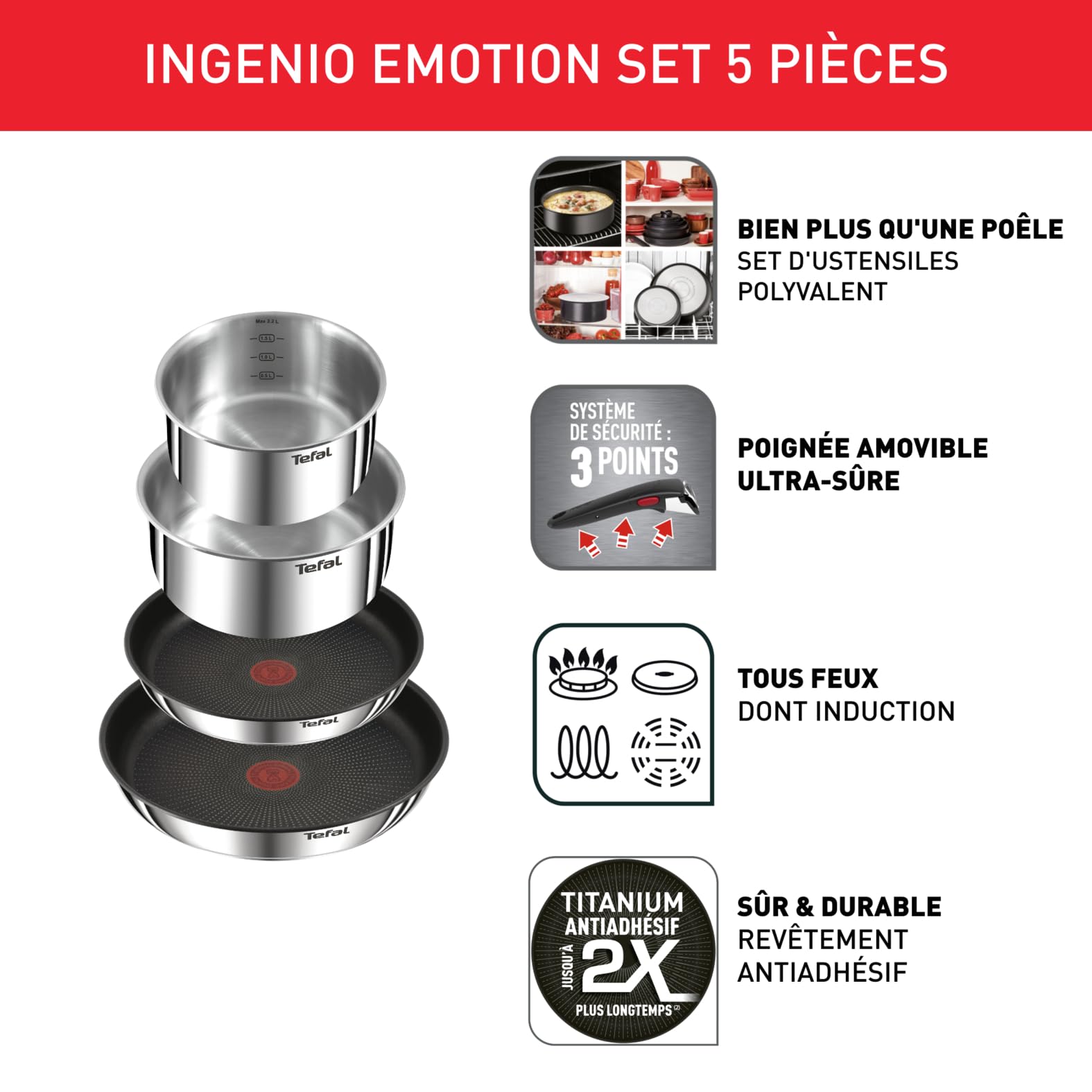 Tefal Ingenio Lot 2 Poêles, 2 Casseroles et Poignée amovible, Induction, Acier inoxydable, Empilable, Revêtement antiadhésif, Compatible lave-vaisselle, Garantie 5 ans, Emotion L897S504