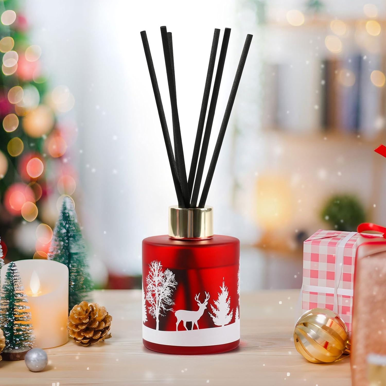 Christmas Reed Diffuser Set, Crimson Lodge Scented 4 oz, 6 Diffuser Sticks with Christmas Bottle Design, Home Decor Bedroom Living Room Office (Crimson Lodge) - Image 8
