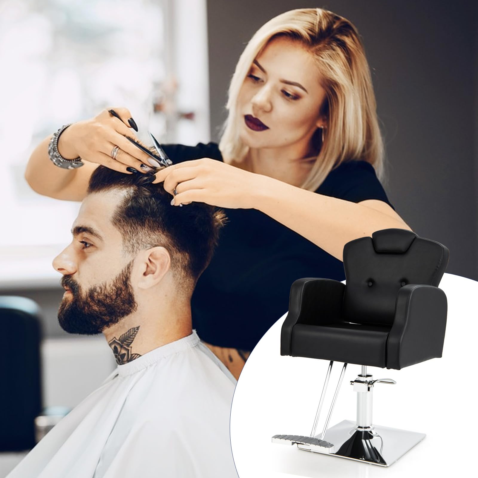 GOPLUS Silla de Peluquería con Bomba Hidráulica, Silla de Barbero Moderno Giratorio 360 ° con Asiento Ajustable, Reposacabezas, para Salón de SPA y Belleza, Barbería, Carga 150 kg, Negro