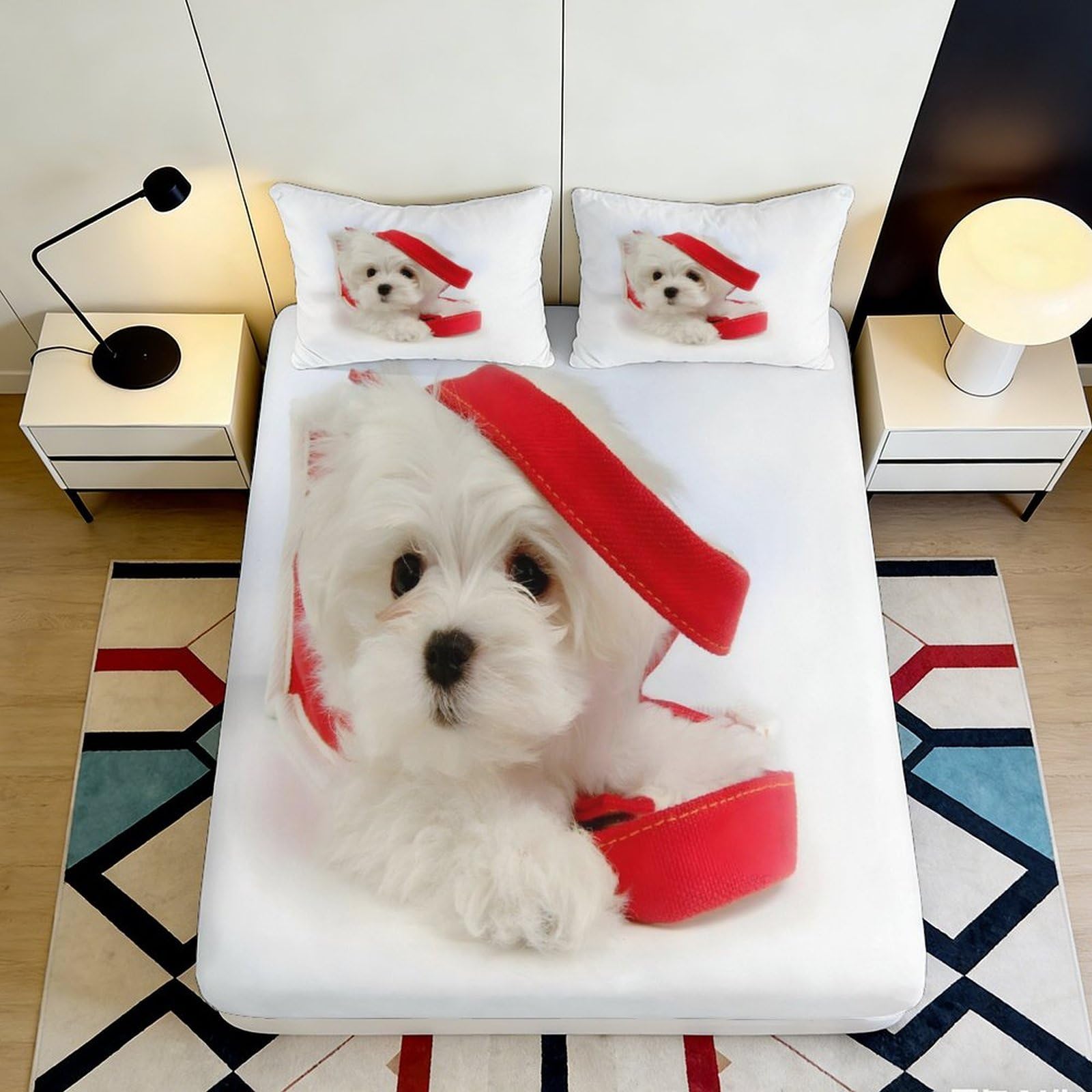 3D Printed Christmas Puppy Fitted Sheet Microfiber Soft Breathable Santa Hat Mattress Cover for Bedroom Dorm Decor 90x200x25cm