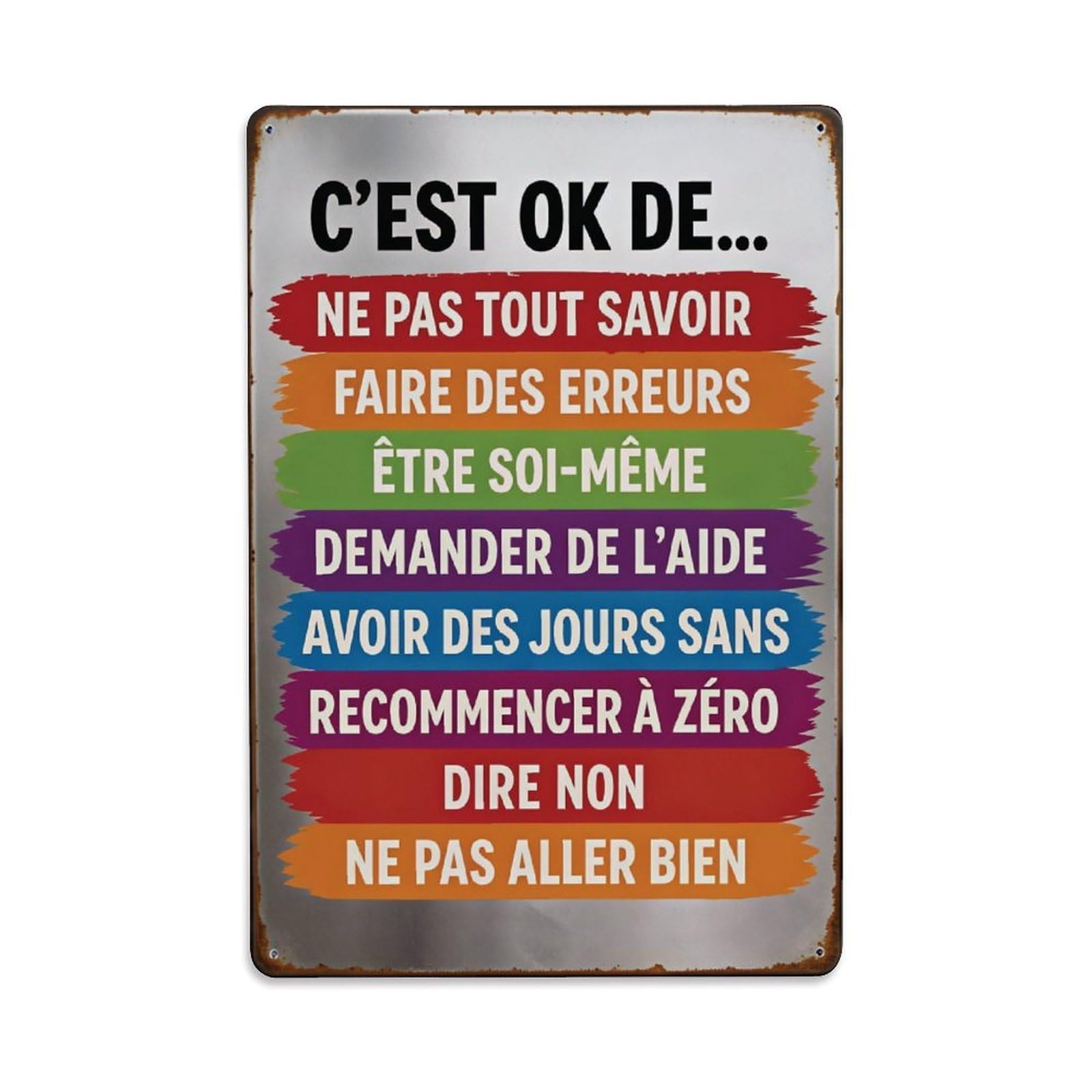 French Positive Self Acceptance Quote Wall Sign Vintage Aluminium Metal Sign, Retro Wall Decor for Home, Bar, Garage & Farmhouse 30x20cm