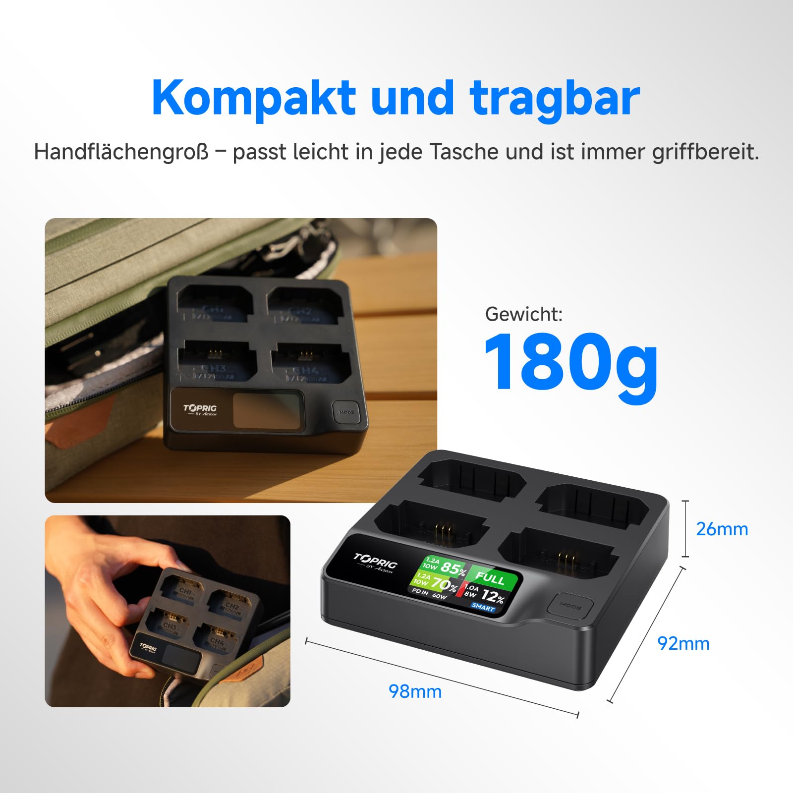 Toprig NP-FZ100 4-Kanal Kamera-Akku-Ladegerät, USB-C PD 60W Schnellladung, LCD-Display, tragbares Design, Kompatibel mit Sony A7iii, A7iv, A7RIII, A7C, FX3, FX30, ZV-E1 Camcorder-AkkuLadegerät