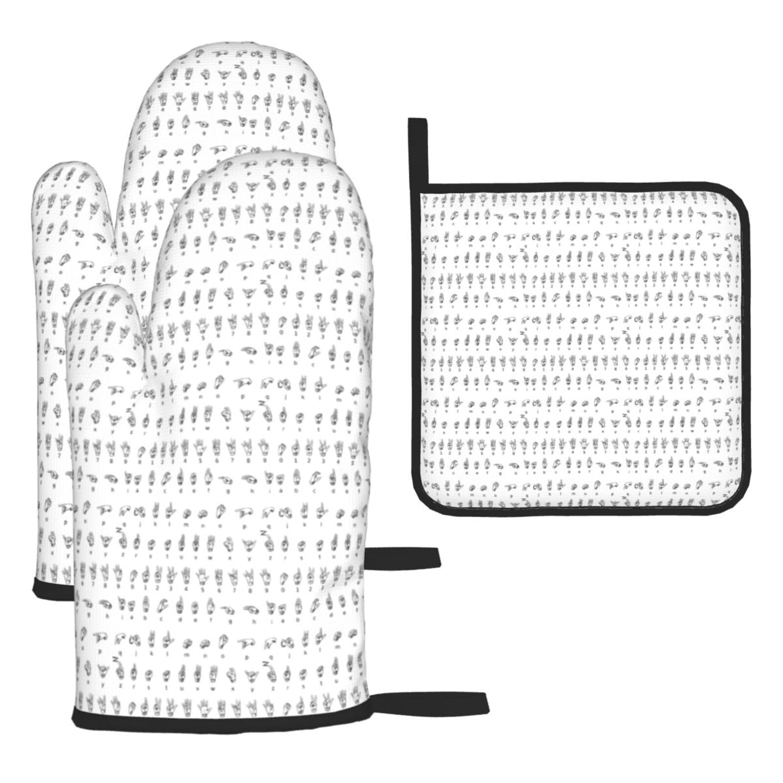 Sign Language Alphabet Print Oven Set Kitchen Gloves Baking Grilling Microwaving Cooking Gift Everyday Holiday