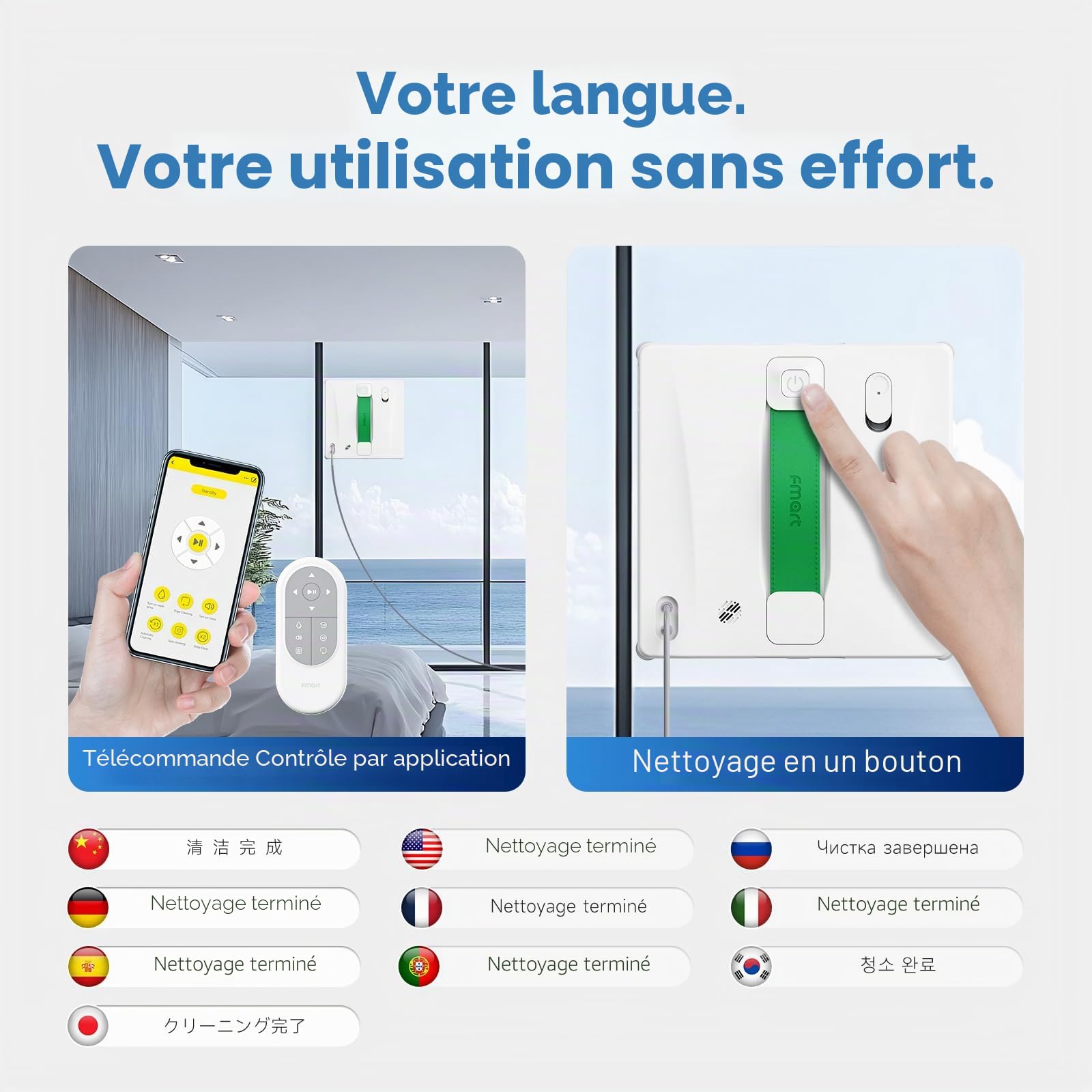 Fmart Robot nettoyeur de fenêtres W8 avec fonction pulvérisation, puissance d'aspiration 8000 Pa et technologie de détection des bords, robot de nettoyage automatique pour vitres avec 4 modes de