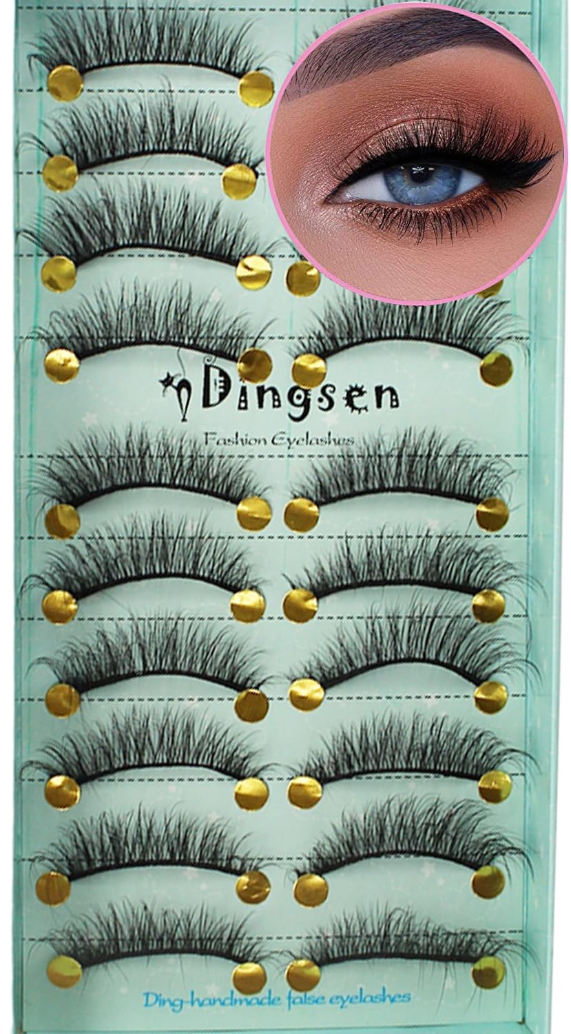 Nnewvante Natural False Eyelashes Mink Lashes Wispy Lashes Fluffy Pack 3D Strip Short Volume Fake Eyelashes 10 Pairs Bulk