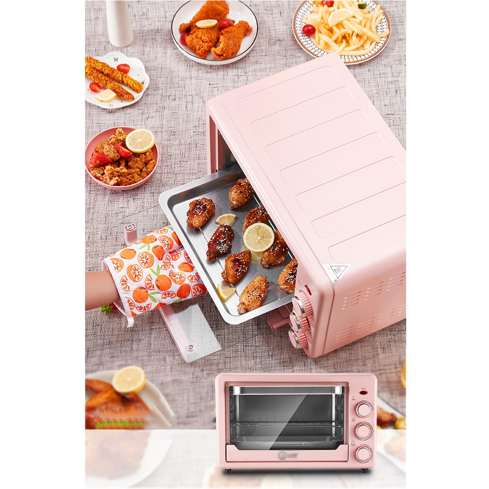 Fornetto Elettrico 22L,regolazione meccanica della manopola,controllo preciso della temperatura da 100℃ a 250℃,timer da 60 minuti,1500w,vassoio da forno incluso,rastrelliera,guanti speciali