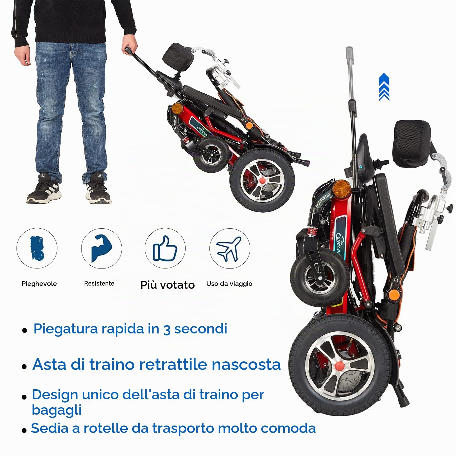 Sedia A Rotelle Elettrica Per Adulti Con Schienale Reclinabile E Poggiatesta, Pieghevole In Lega Di Alluminio Leggera. Peso Netto (Senza Batteria) 25 Kg, Portata 150 Kg. Per Anziani E Disabili.