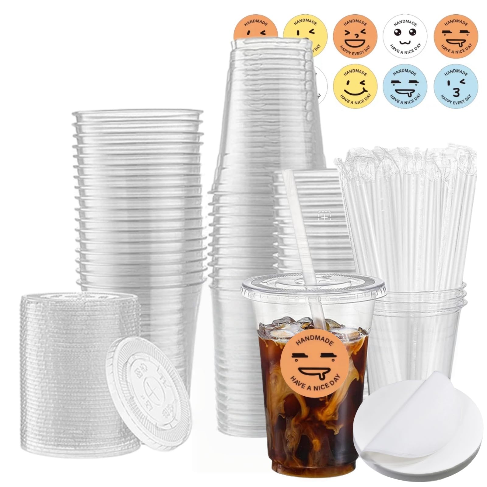 50pcs 16oz Reusable Clear Cups with Lids Smoothie Cups, Perfect for Iced Coffee, Tea, Smoothie, Milkshakes etc, Fits Most car Holders