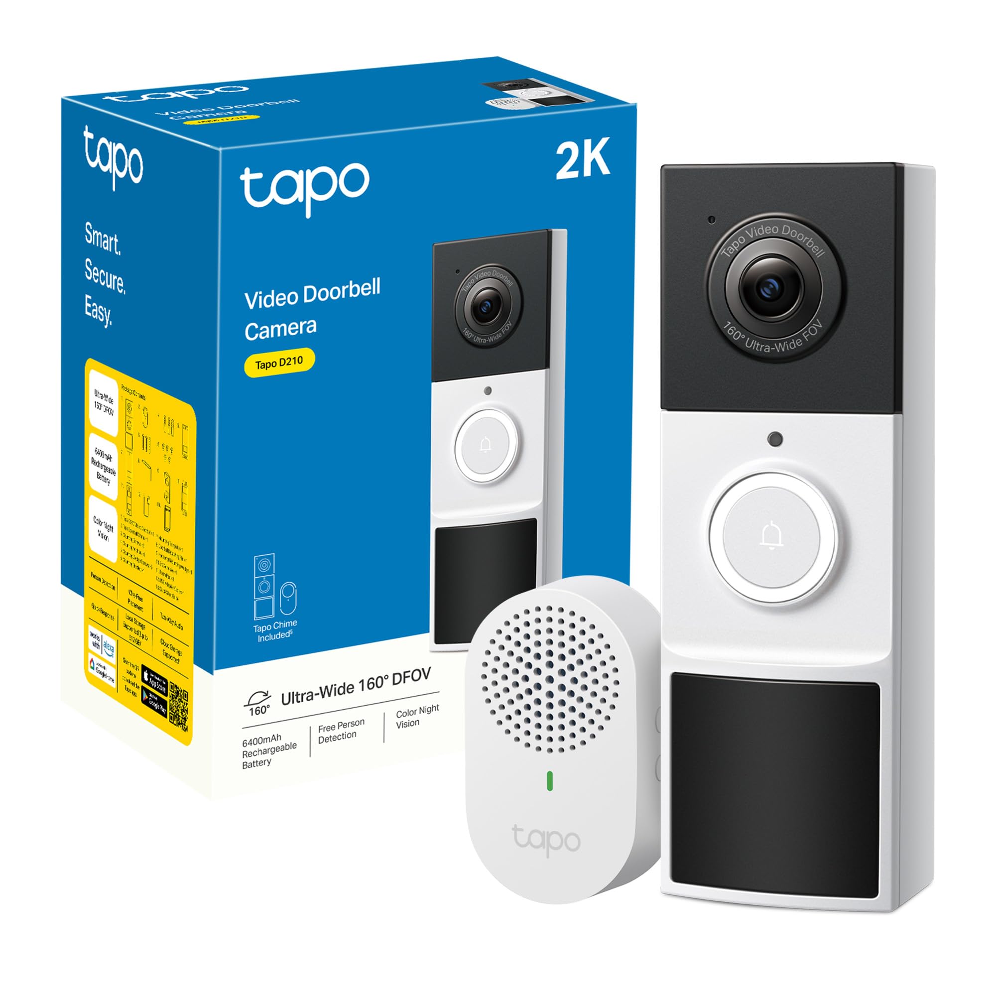 Tapo D210 Videocitofono 2K 3MP, Visione Notturna a Colori, Campo Visivo Etra-Largo, Rilevamenti Smart AI, Audio Bidirezionale, Comunicazione Diretta da APP, Batteria Dura 6 Mesi, Antifurto, IP65
