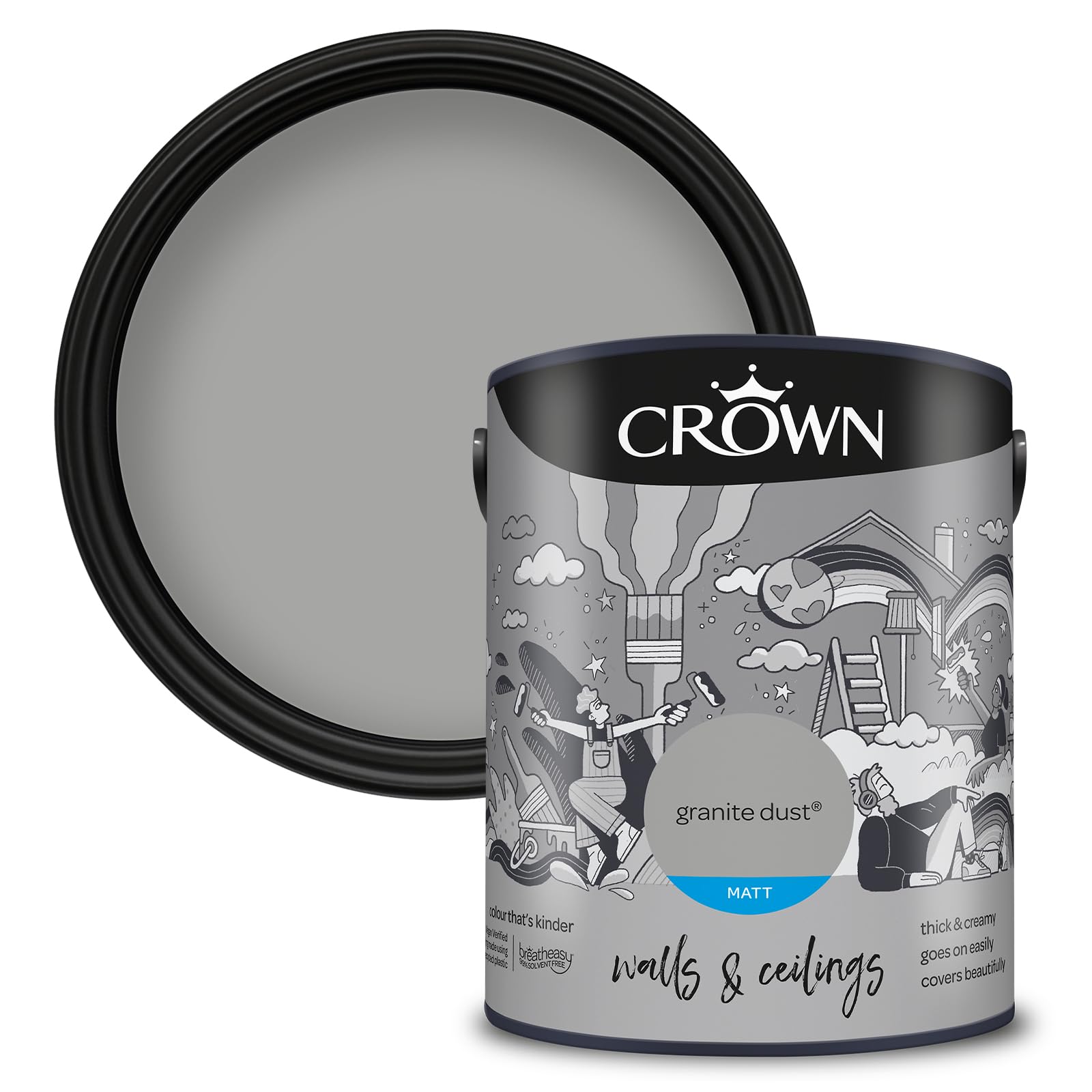 Crown Granite Dust Walls & Ceilings Mid Grey Matt Emulsion Paint 5L