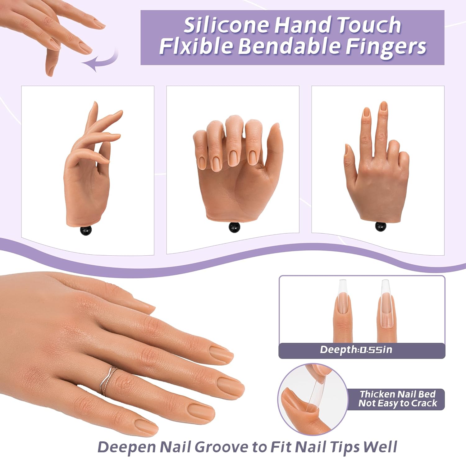 Practice Hand for Acrylic Nails,Realistic Silicone Mannequin Hand with Flexible Fingers for Acrylic Nails, Gel Polish Training, Complete Nail Art Beginner Set with Brush & File