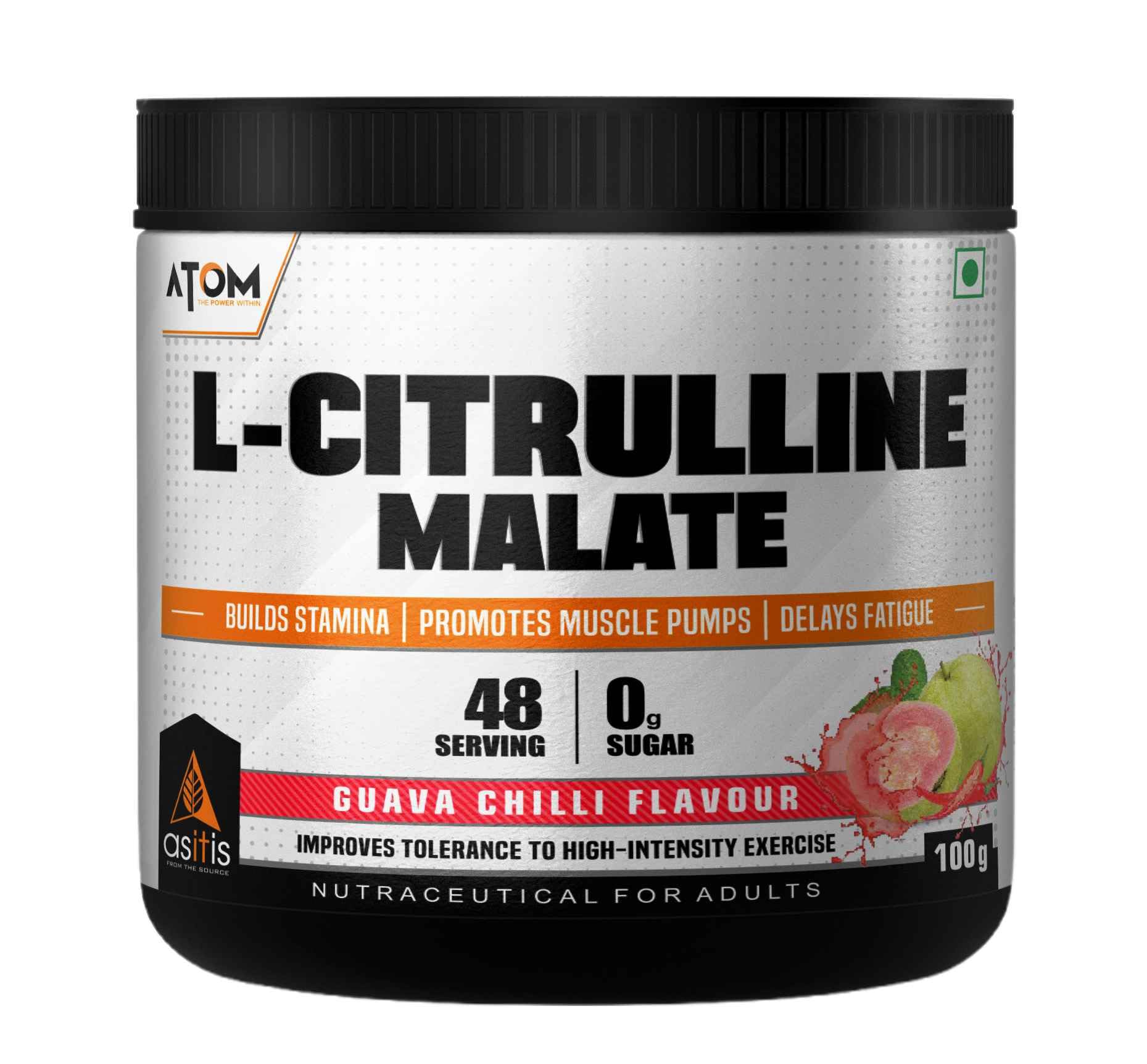 Asitis Nutrition ATOM L Citrulline Malate 2:1-100gms | 48 servings | 0 Sugar | Improves Tolerance to High-Intensity Exercise | Builds Stamina | Guava chilli Flavour