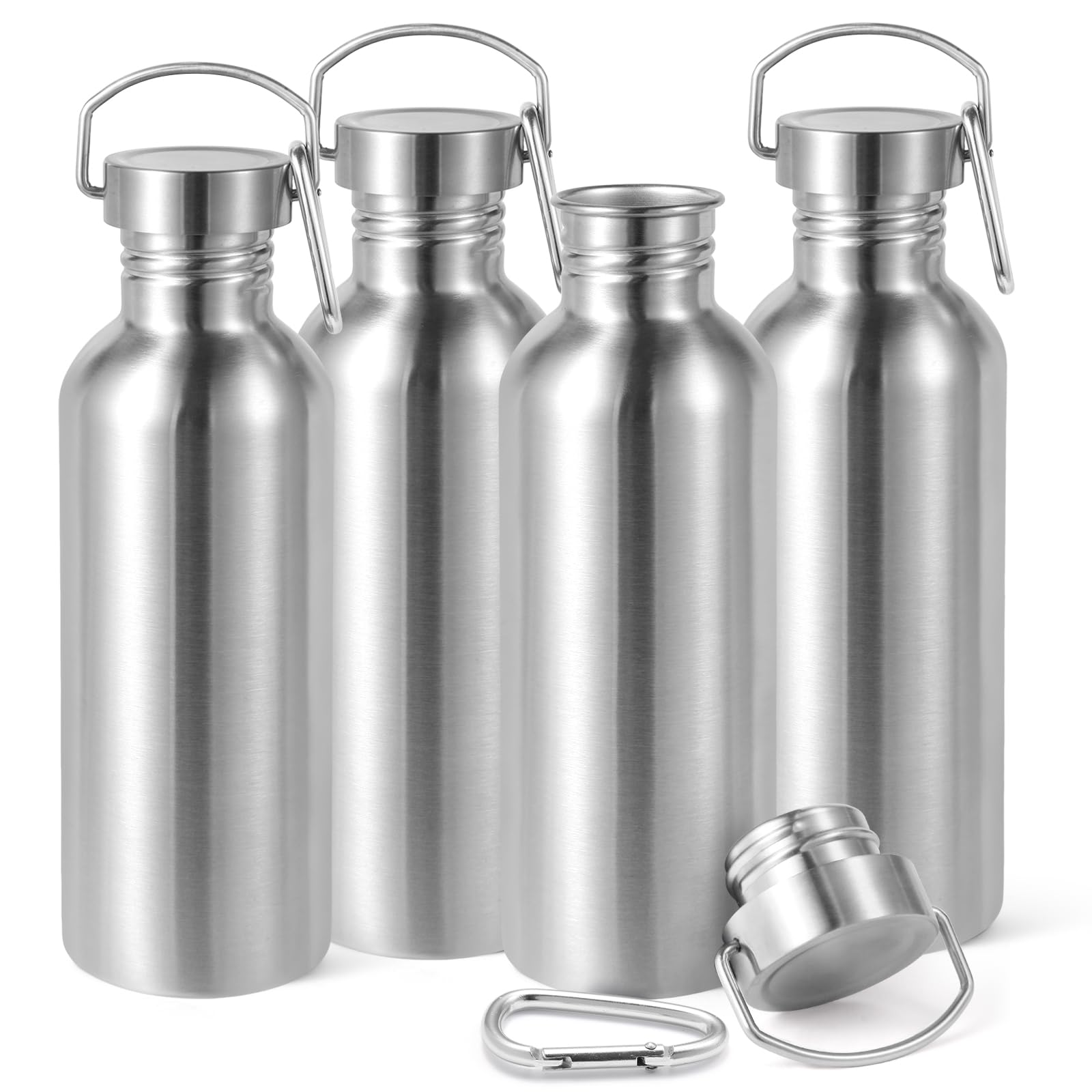 Volhoply 1000ml Uninsulated Single Walled Water Bottles 4 Pack, Stainless Steel Sports Water Bottle with Handle & Carabiner, BPA Free Lightweight Water Bottles for Hiking, Running（Silver,4）