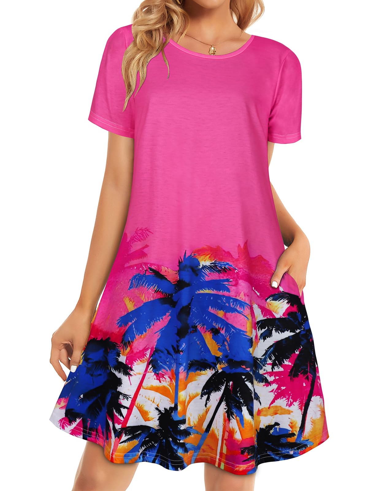 elescat Womens Summer Dresses Casual Loose Tshirt Floral Pockets Sundress | 2026 Boho Flowy Short Sleeve Dress, Two Hidden Pockets, Loose Beach Cover Up, Solid or Floral, Fashion Vacation Outfits