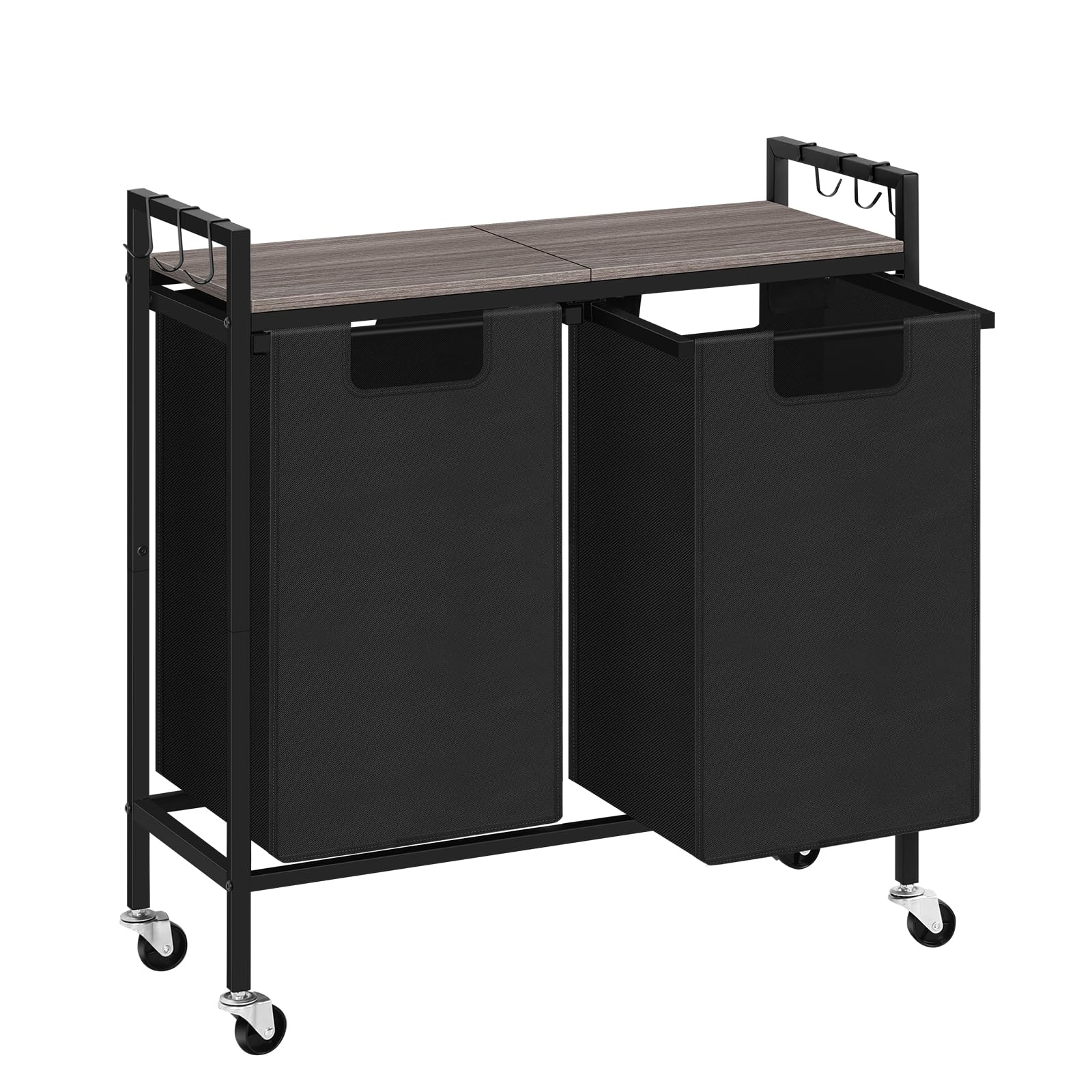 Laundry Basket Organizer with Gray Wooden Storage Shelf Laundry Hamper with Wheels Black Laundry Sorter with 2 Pull-Out Removable Liner Bags Clothing Hamper for Washing Room Living Room Bedroom