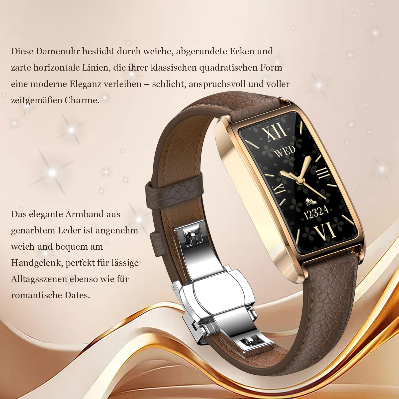 Fitness Tracker da donna, sottile, elegante, di lusso, nero, oro, classico, smartwatch, orologio fitness da donna, orologio da polso, orologio sportivo con quenza cardiaca, contapassi rettangolare