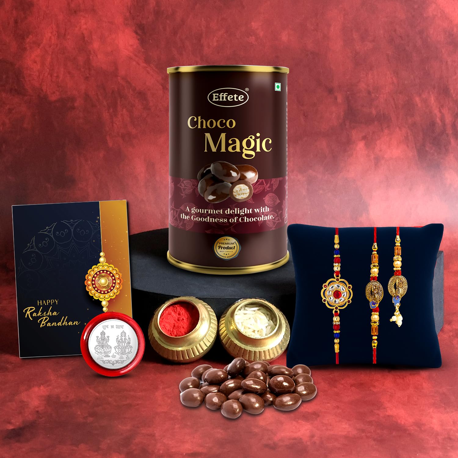 DeoDap Chocolate with Rakhi Set for Brother and Bhabhi - Rakhi set of 2 for Bhai & 1 Lumba for Bhabhi with Choco Magic (96 GM), Silver Color Coin & Greeting Card, Raksha Bandhan Gift Combo for Bhai-image-20