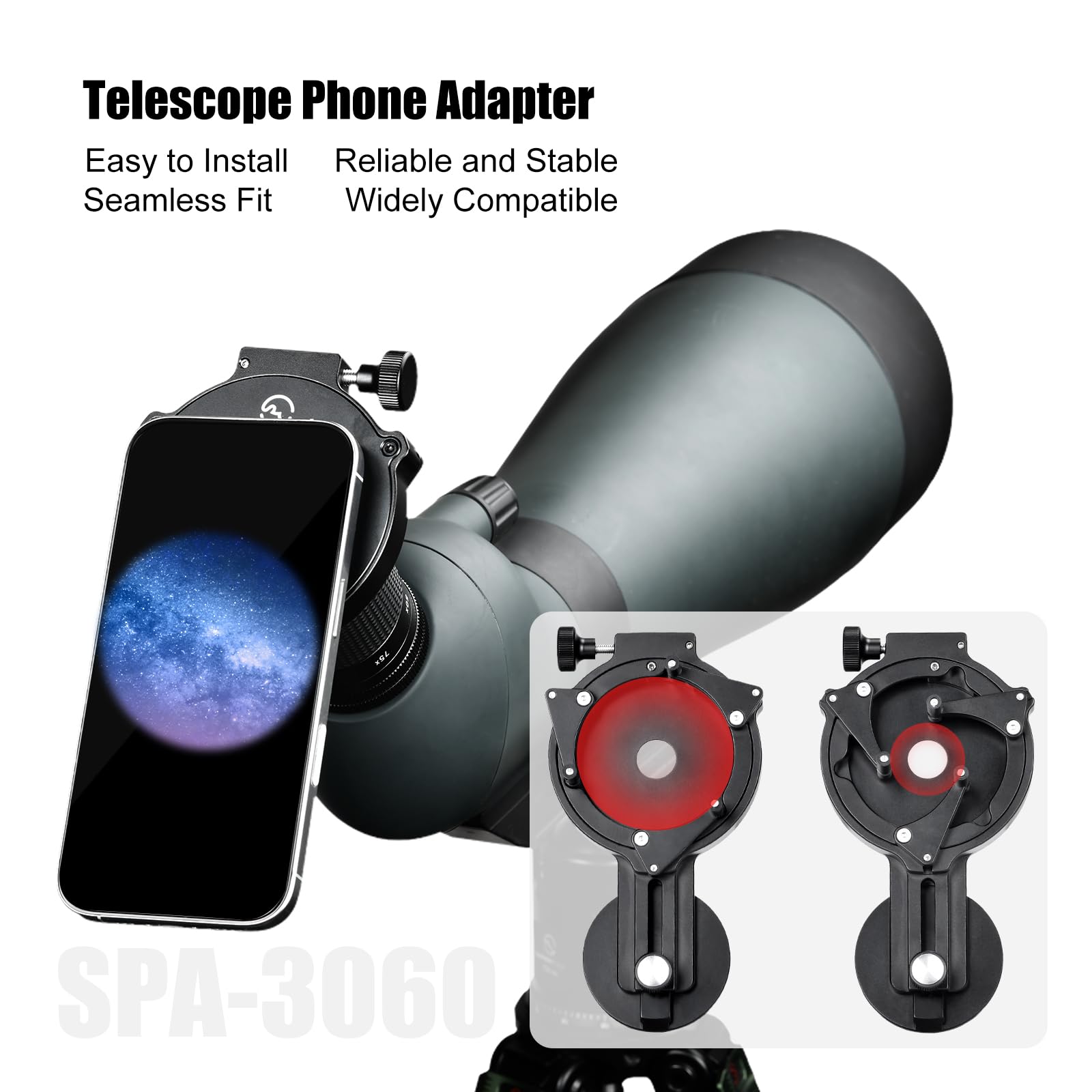SUNWAYFOTO SPA-3060 - Adaptador de teléfono móvil para prismáticos, soporte universal para binoculares, compatible con el diámetro exterior del ocular 30-60 mm