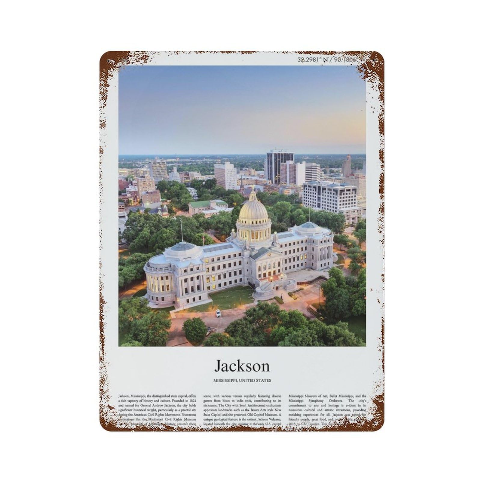 xiaoxiaoshen Jackson Mississippi, United States, USA City Scenery Wall Decor Art Metal Tin Poster Modern Home Decor Art Home Bar Shop Decorations Vintage Sign 40x30cm