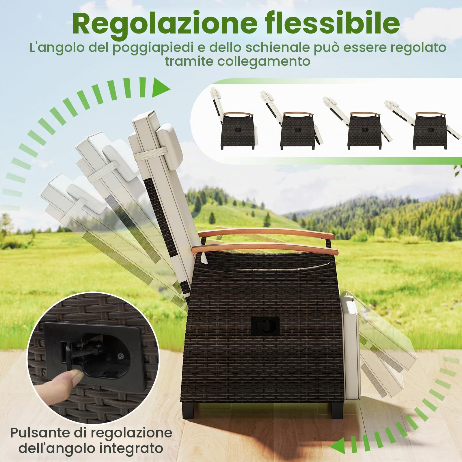 LIFEZEAL Sdraio da Giardino in Rattan (1, Bianco) | Lettino Prendisole Regolabile fino a 150°, Poltrona con Poggiapiedi, Tavolino Pieghevole e Cuscino Poggiatesta, per Terrazzo