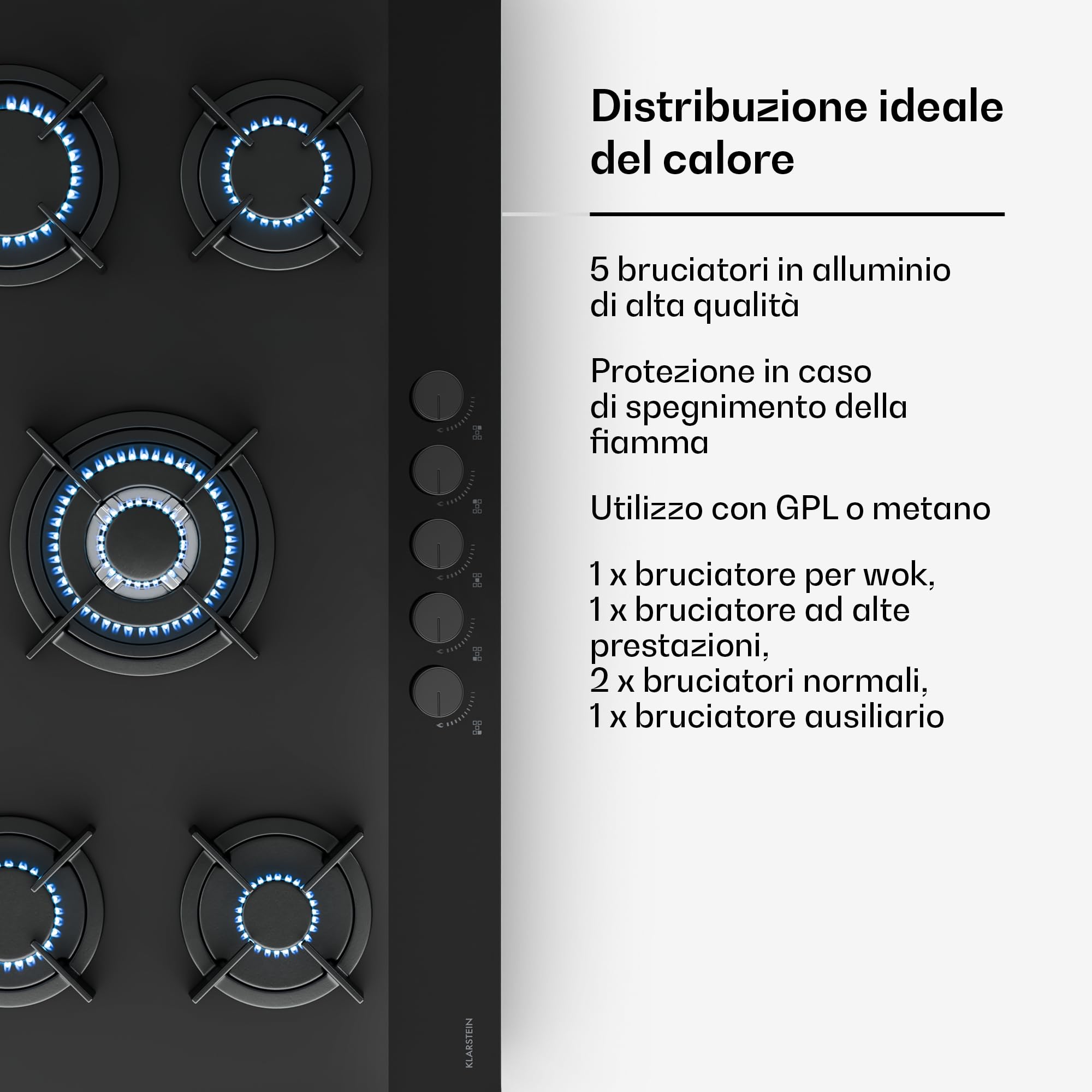 Klarstein Velaire Piano Cottura Gas 5 Fuochi - 10400W, Vetro, GPL & Gas Naturale, Accensione Elettrica, Sicurezza Spegnimento, 90cm, Kit Incluso