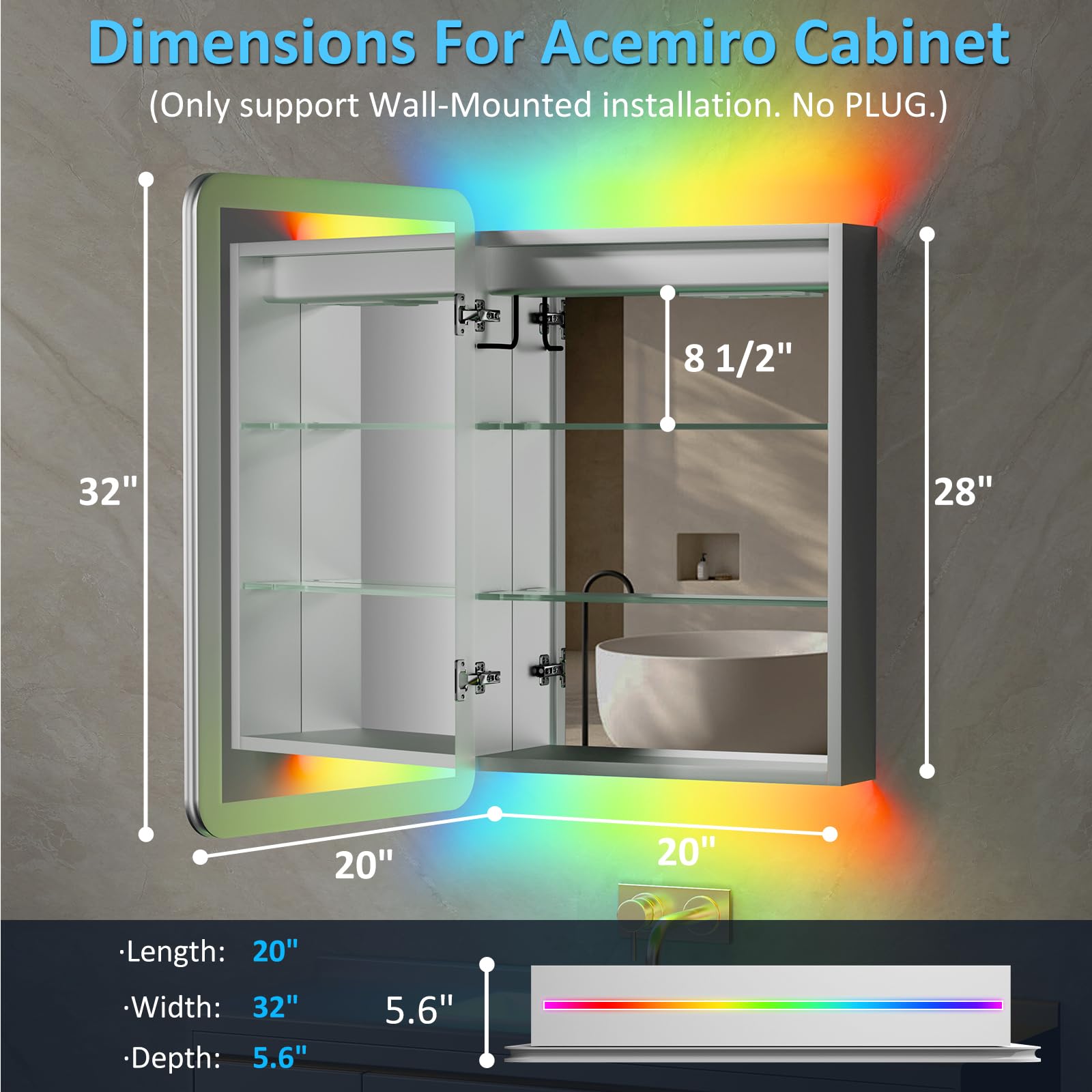 ACEMIRO Botiquín con luces, 20 × 32 pulgadas iluminado botiquín con espejo, botiquín de baño LED con retroiluminación RGB e iluminación frontal, desempañador, atenuación, ajuste CCT, montaje en