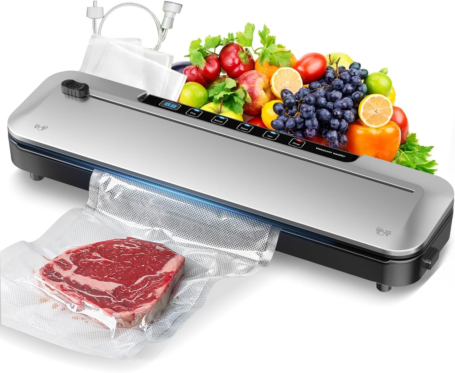 Vacuum Sealer for Food,75Kpa Precision Suction Power 6-in-1 Food Sealer with Digital Timer, Dry & Moist Food Modes, Compact Design with 10 Vacuum Bags & Bulit-in Cutter(Sliver)