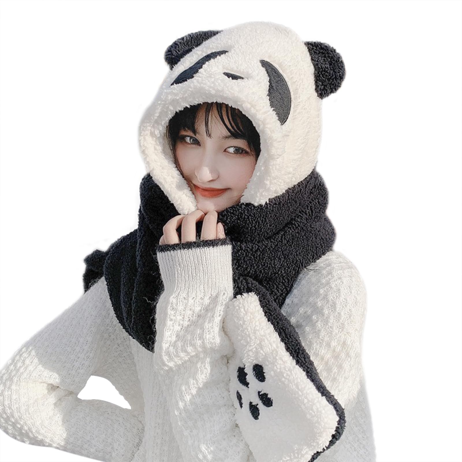 3 in 1 Panda Hat Scarf and Gloves for Women Girls Winter Warm Furry Hood with Hand Pocket Mittens Windproof Cycling Hat Gloves Neck Warmers Thick Plush Animal Cosplay Headwear