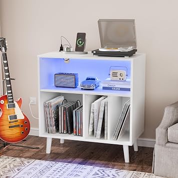 VINGLI Record Player Stand with Open Vinyl Storage, Mid-Century Album Storage Table with LED Light up to 300 Albums, Vinyl Record Player Shelf with Power Outlet for Living Room, White