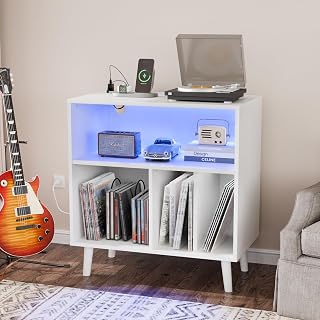 VINGLI Record Player Stand with Open Vinyl Storage, Mid-Century Album Storage Table with LED Light up to 300 Albums, Vinyl Record Player Shelf with Power Outlet for Living Room, White