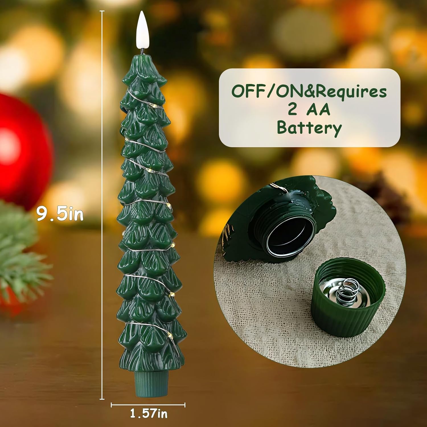 QCCX 4Pcs Christmas Tree Candles with Remote, Flameless Taper Candles Operated with String Lights & Timer, Christmas Decorations for Xmas Eve Gift Holiday Party, Automatically Cycles on After Timer