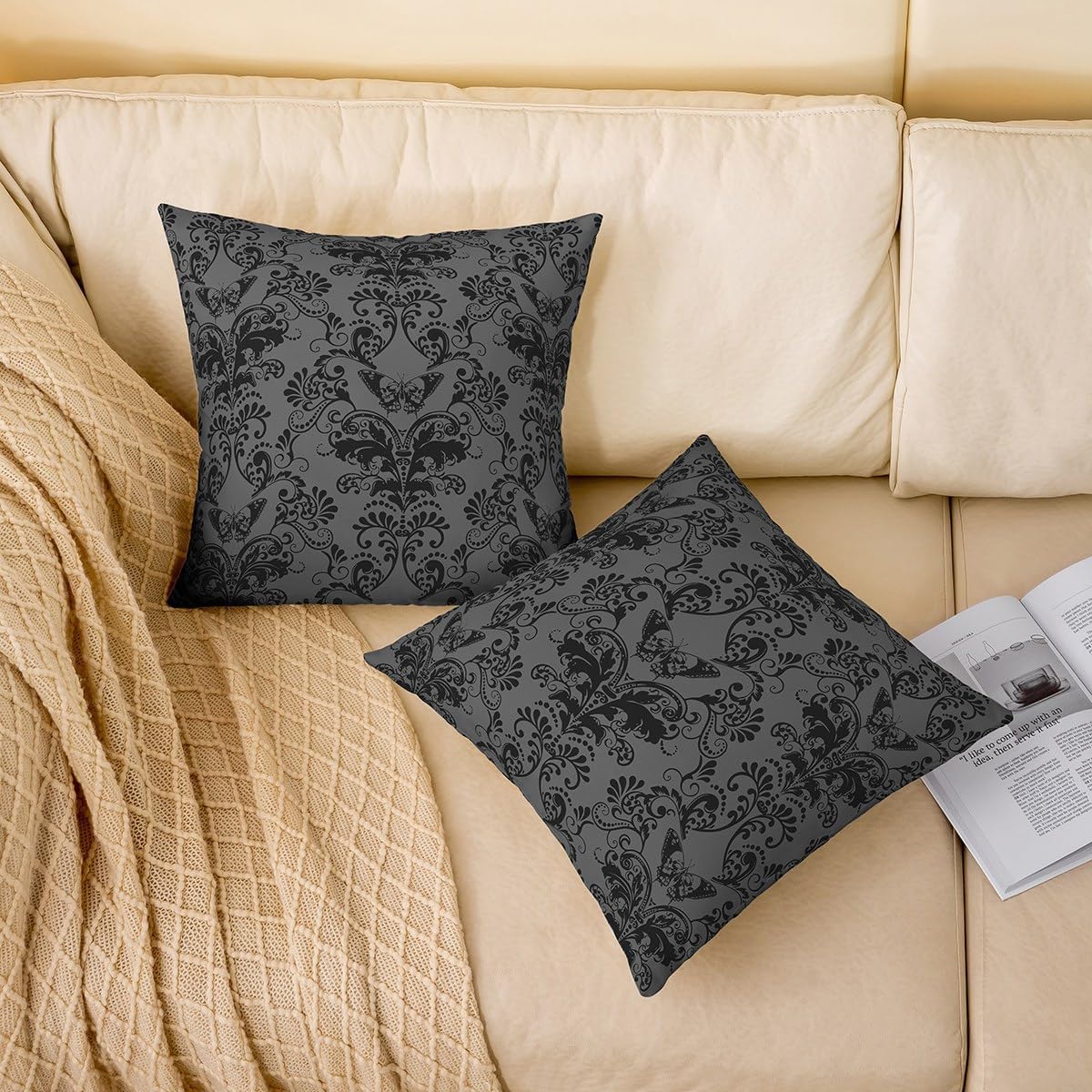 Set of 2 Dark Grey Damask Throw Pillow Covers 22x22 Inch Black Butterfly Pillow Covers Vintage Floral Cushion Covers For Adult Teens Antique Victorian Baroque Decorative Pillow Covers,Bedroom Decor