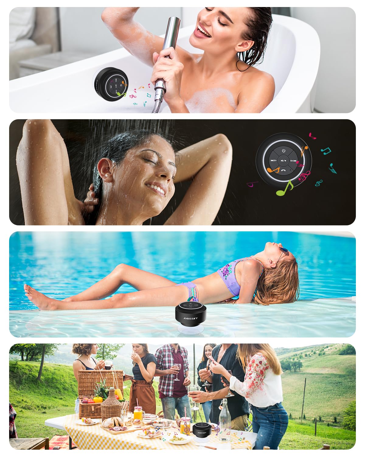 Altoparlante da doccia Bluetooth impermeabile, altoparlante portatile wireless impermeabile per piscina, altoparlante galleggiante IP67 da bagno con ventosa per campeggio, spiaggia, feste,
