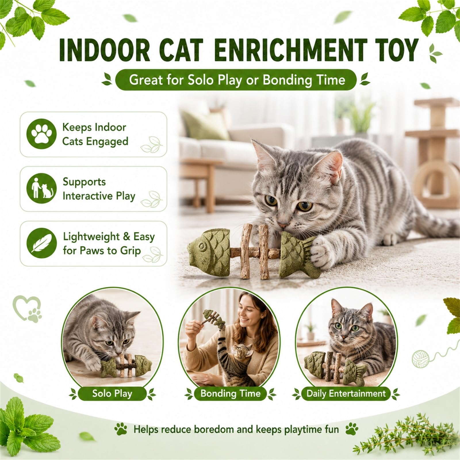 Genérico Fish Bone Cat Chew Toy, Catnip Silvervine Stick, Wooden Fishbone Bite Toy for Indoor Play and Daily Fun (A+B+C)