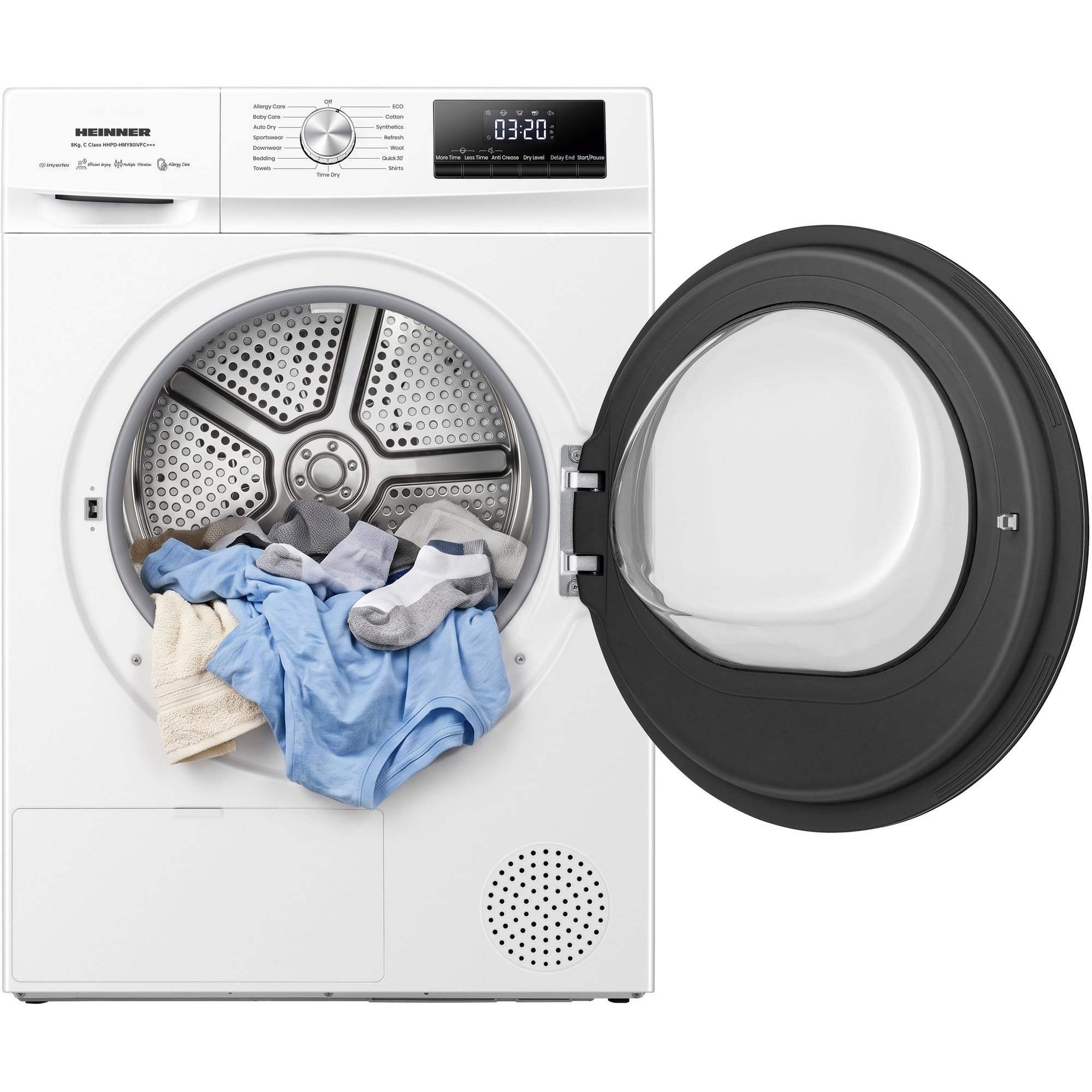 HHPD-HMY80IVFC+++ Wärmepumpentrockner – 8 kg Fassungsvermögen, Inverter-Motor, 15 Trockenprogramme, Energieeffizienzklasse C, Digitales Display, Modernes Weißes Design, 5-Jahres-Garantie