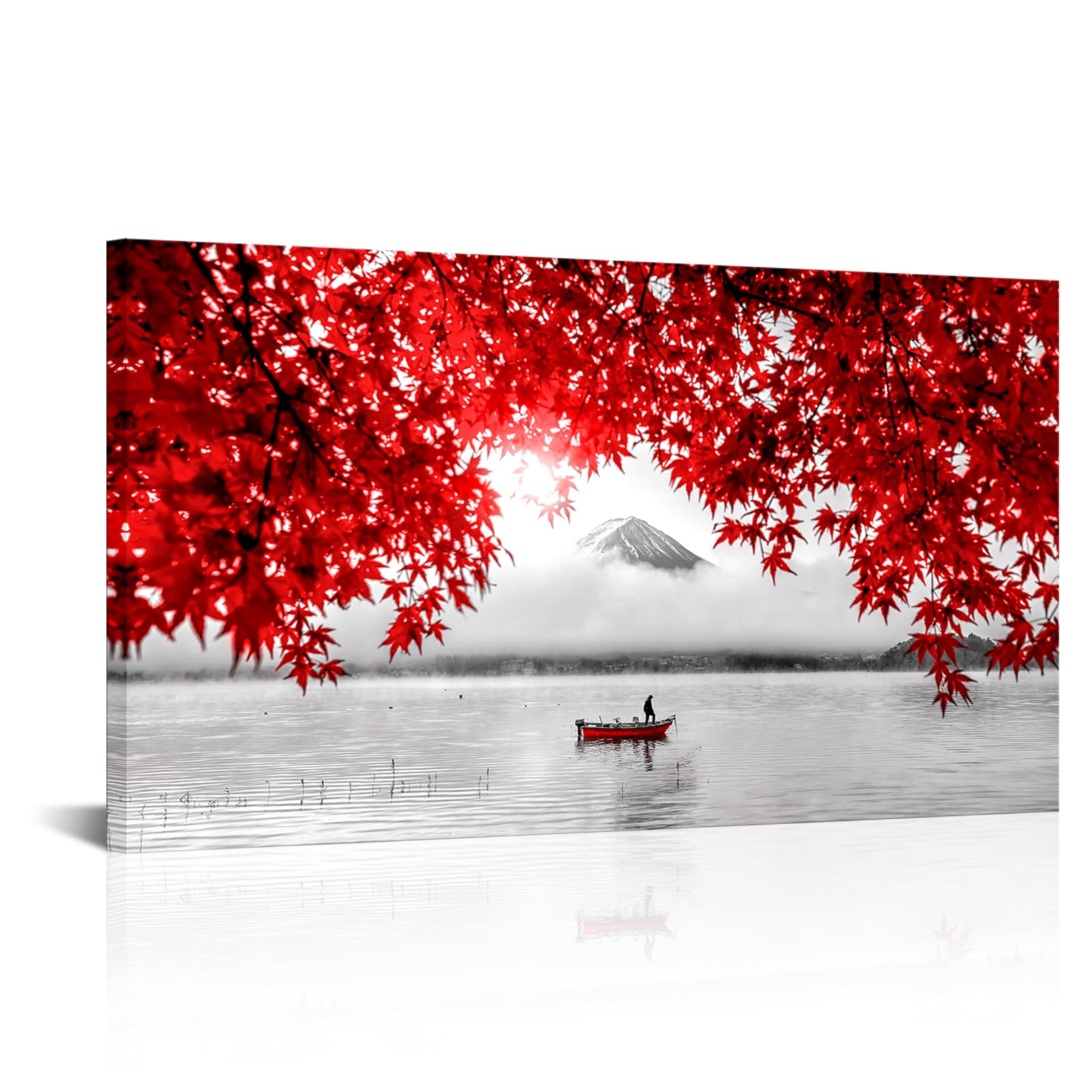 iLOOKLiKE Black and White Japanese Wall Art Mount Fuji Over Lake Red Maple Leaves Boat Landscape Canvas Prints Nature Misty Mountain Pitctures Japan Scenery Artwork Framed for Home Decor 20x35inch