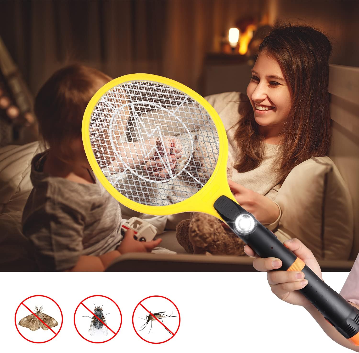 Bug Zapper, Mosquito Repellent Killer with Built-in AC Wall Plug, Electric Fly Swatter for Home Indoor Outdoor, LED Light, Safe to Touch with 3-Layer Safety Mesh