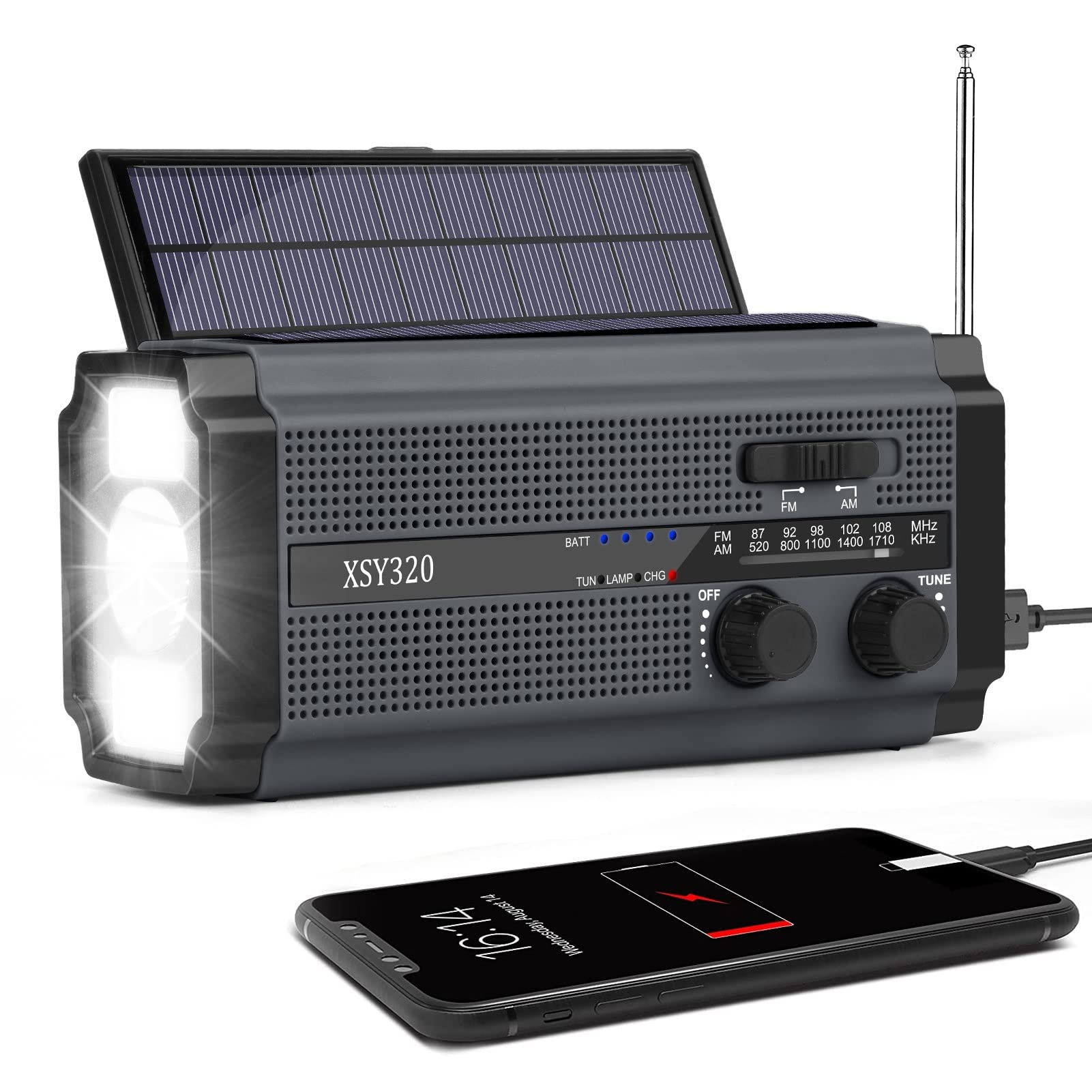 Nigecue - Radio solar, radio portátil con dínamo, radio con AM/FM, batería recargable de 5000 mAh, linterna LED de 3 modos, lámpara de lectura LED, alarma SOS para emergencias al aire libre, color