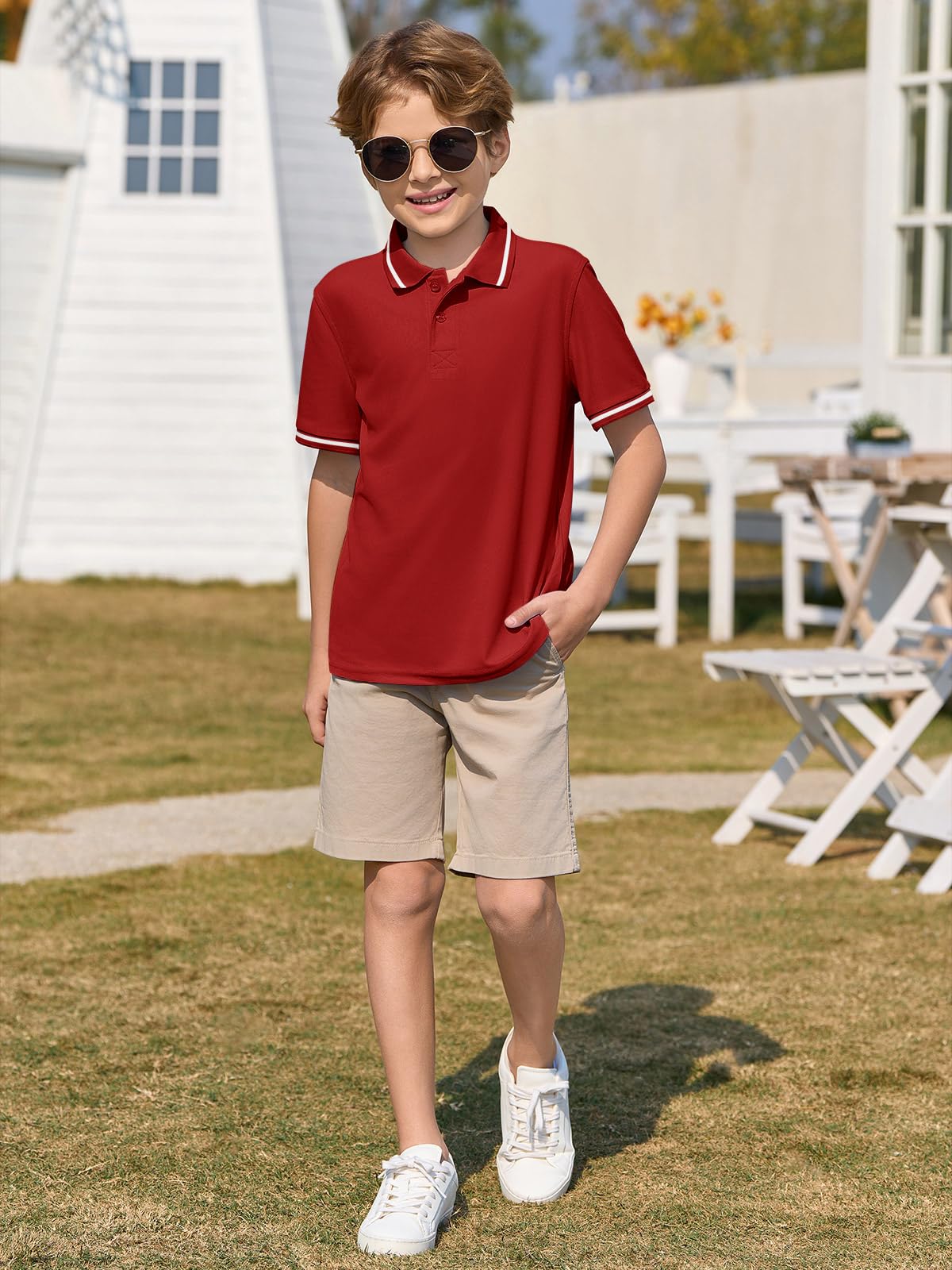 Haloumoning Polo a maniche corte per bambini e ragazzi, uniforme scolastica, in piqué, 5-14 anni