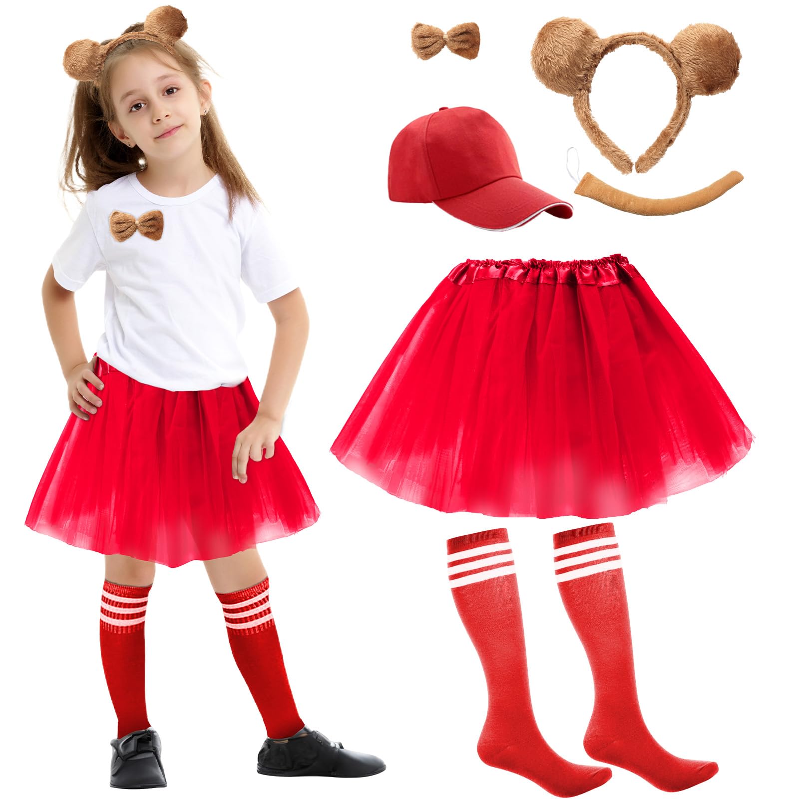 HONMOK 6 PCS Kids Chipmunk Costumes Set, Fancy Dress Outfit with Red Tutu Dress, Ears Headband, Bowtie, Tail