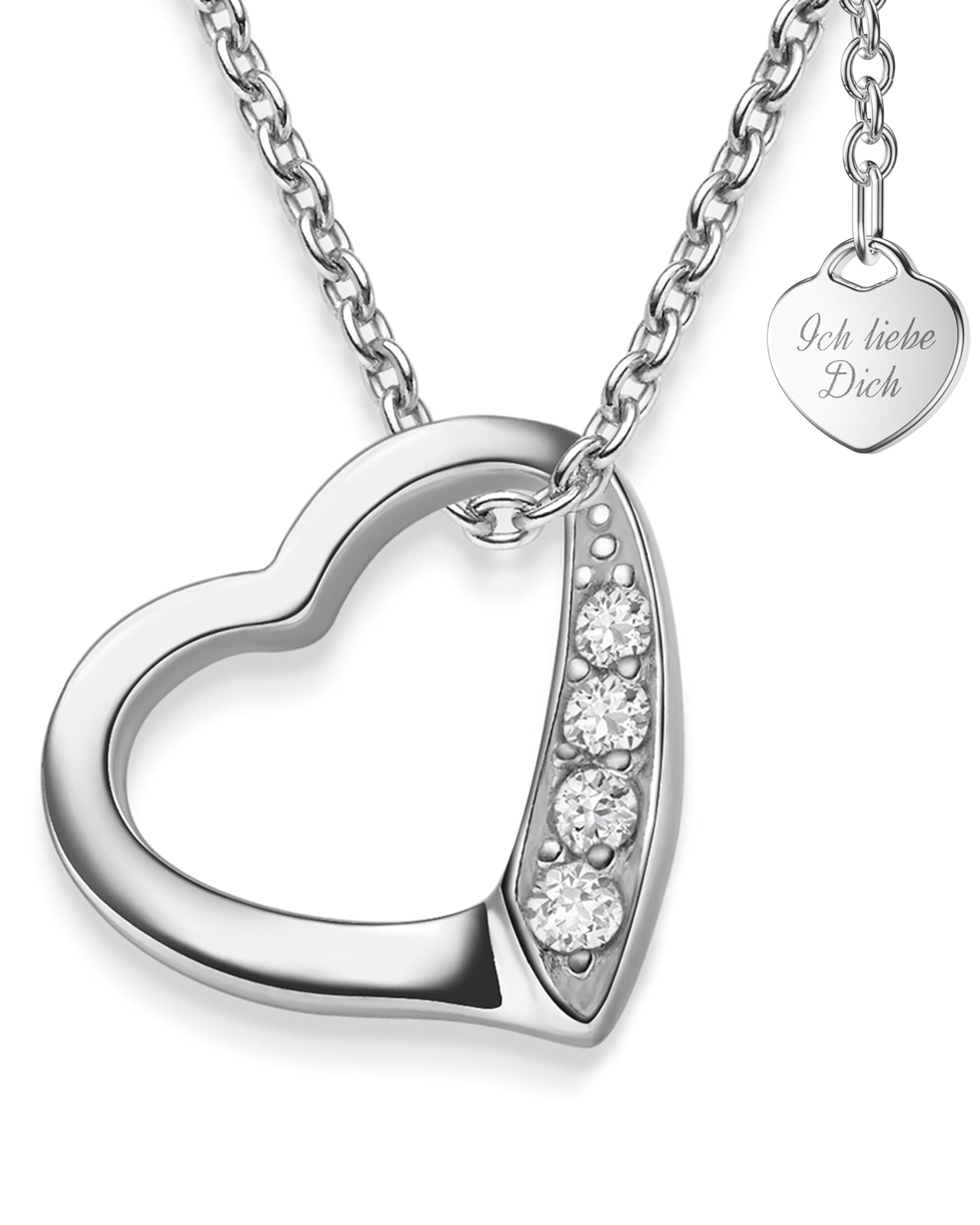 Amoonìc Herzkette Silber 925, Halskette Damen verstellbar 45-50cm | Herzanhänger "Ich liebe Dich" Echt Silber mit Steinen, Kette Damen mit Herz, Frauen Schmuck Geschenk für Sie Mama Freundin