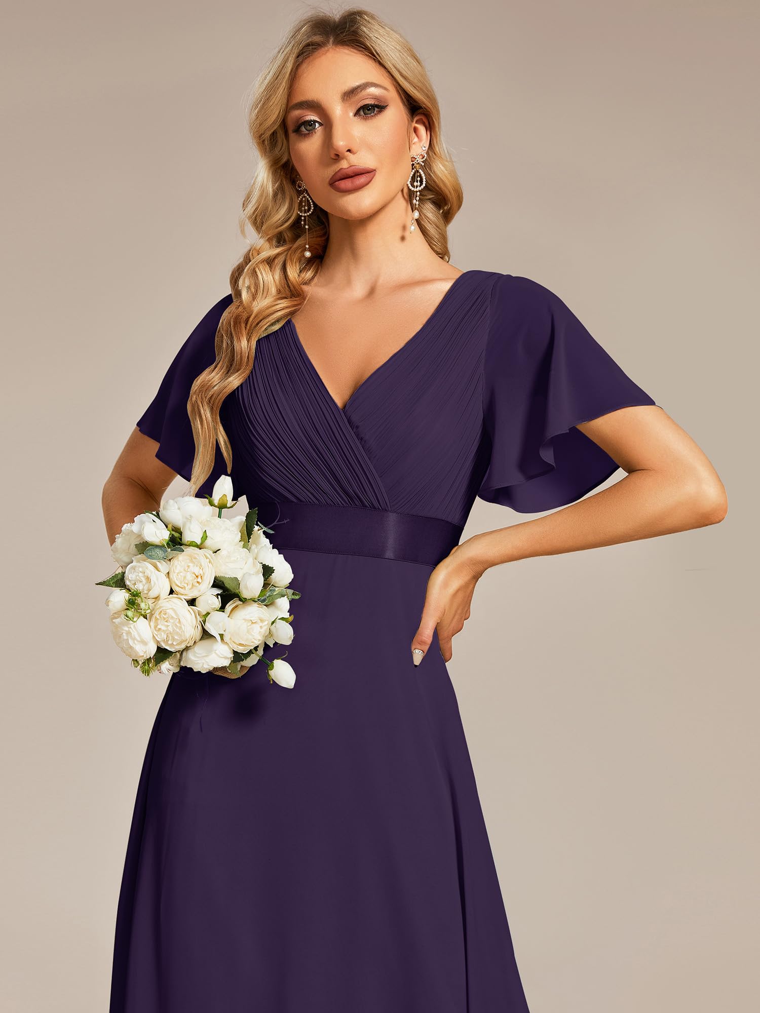 Ever-Pretty Damen Abendkleid Brautjungfer A-Linie Chiffon V Ausschnitt Bodenlang EP09890